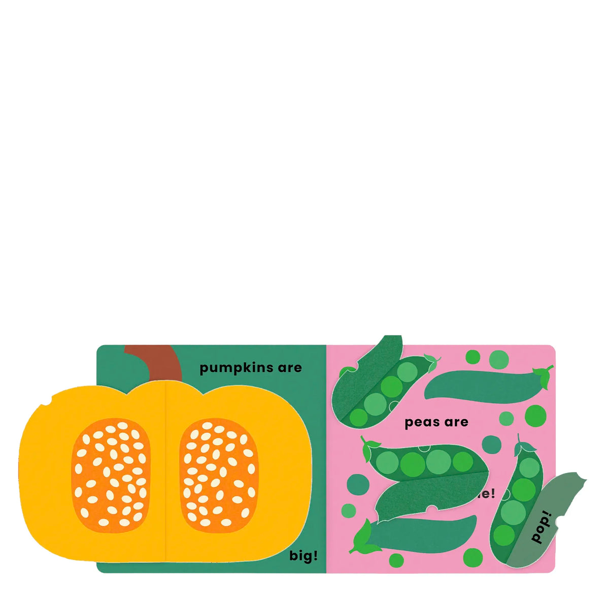 Love Veggies with Jamie Oliver open on pumpkin and pea pages with a large lift-up pumpkin flap