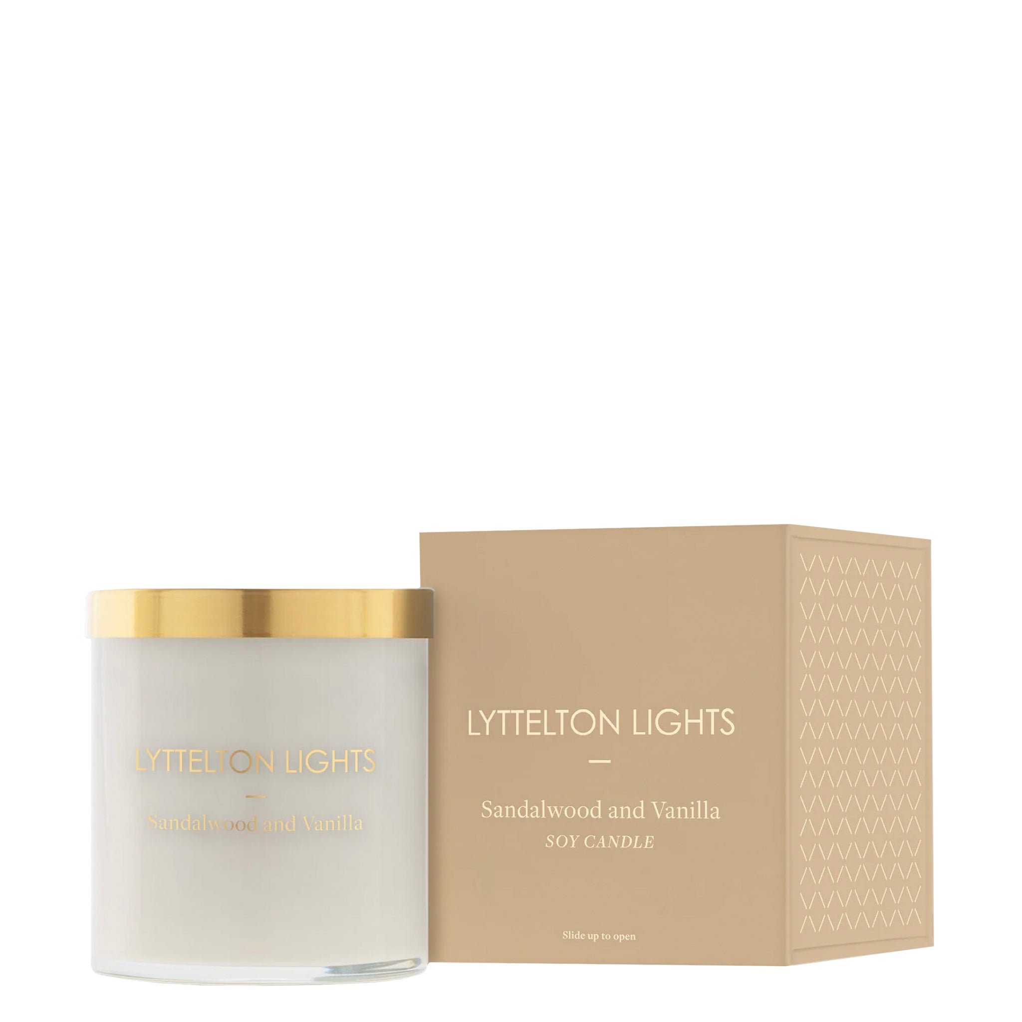 LYTTELTON LIGHTS sandalwood and vanilla candle with packaging on a white background