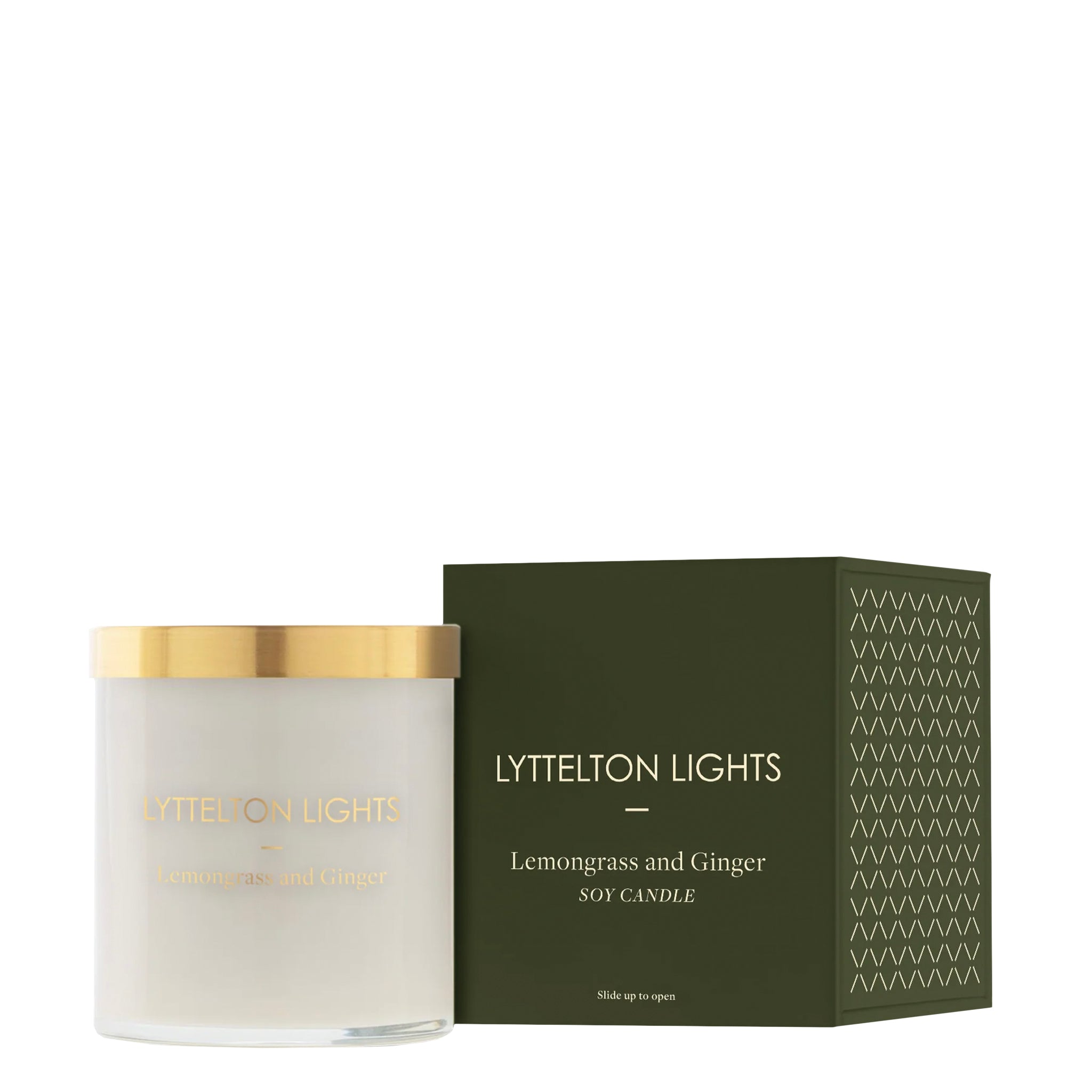Lyttelton Lights candle with gold lid and packaging on a white background