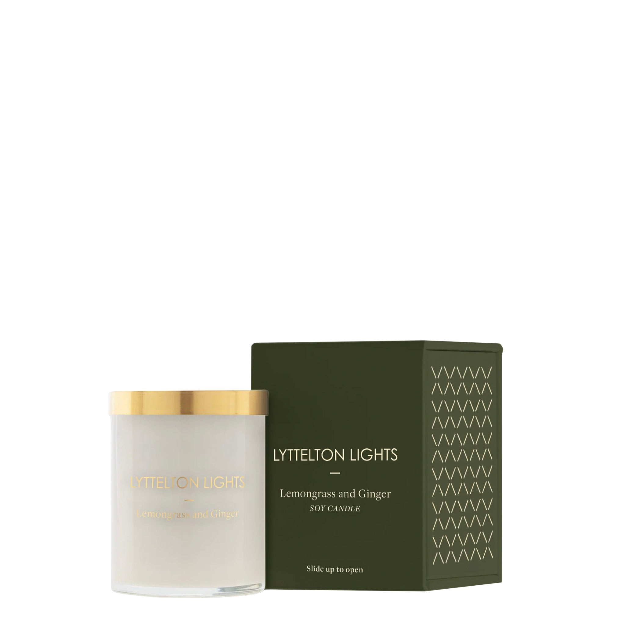 White candle with gold lid and green packaging labeled 'Lyttelton Lights' on a white background
