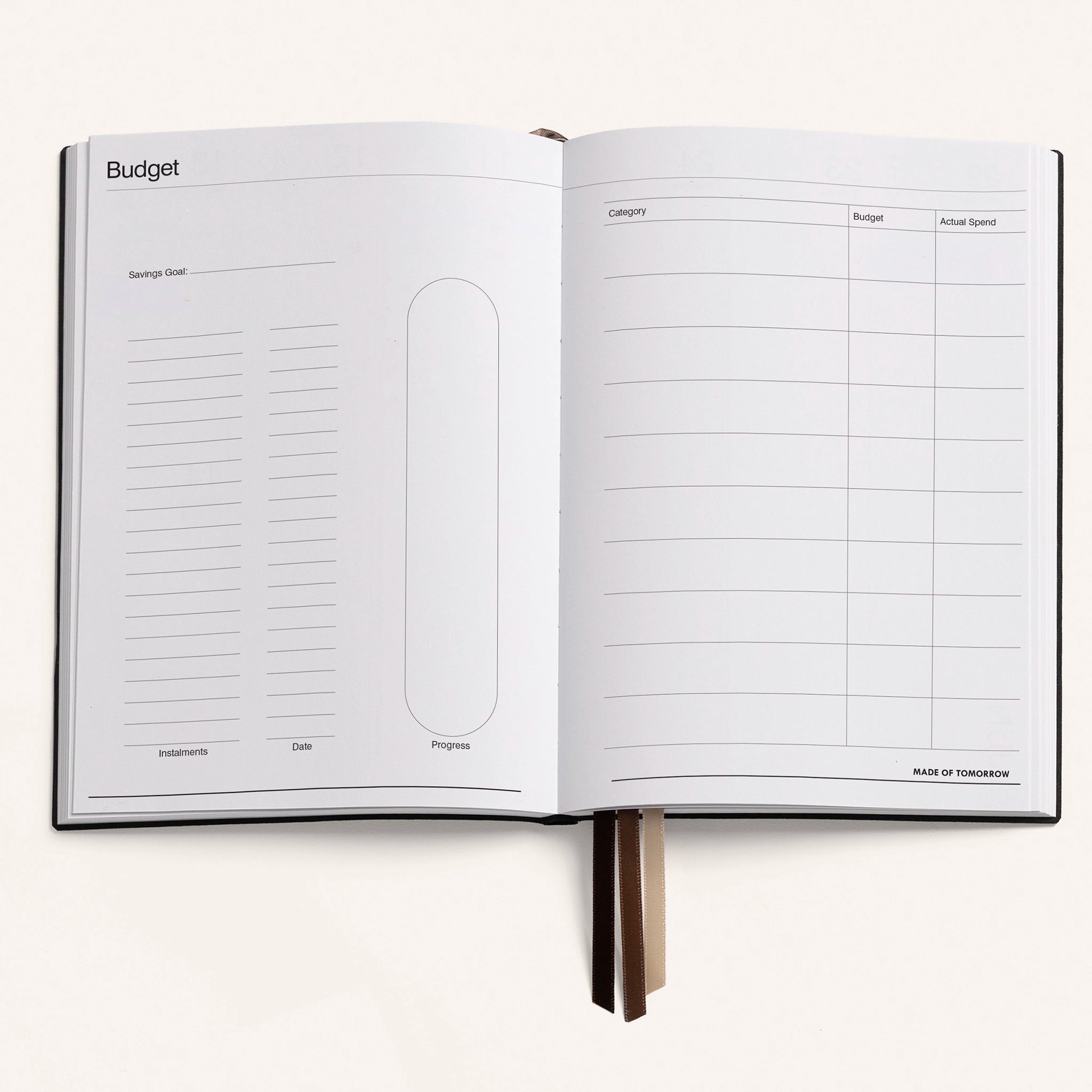 Open notebook showing a budget section on a white background
