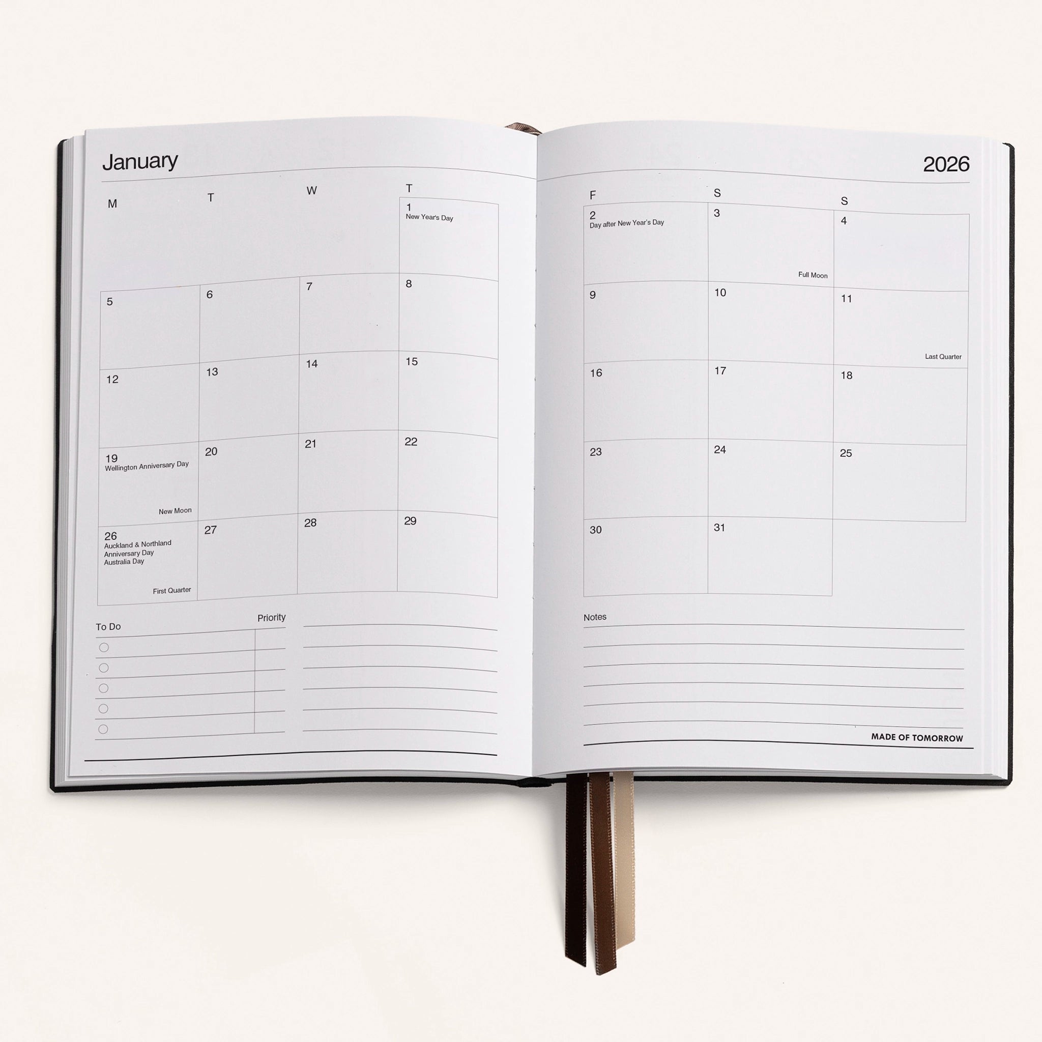 Open planner showing a calendar page for January 2026 on a white background