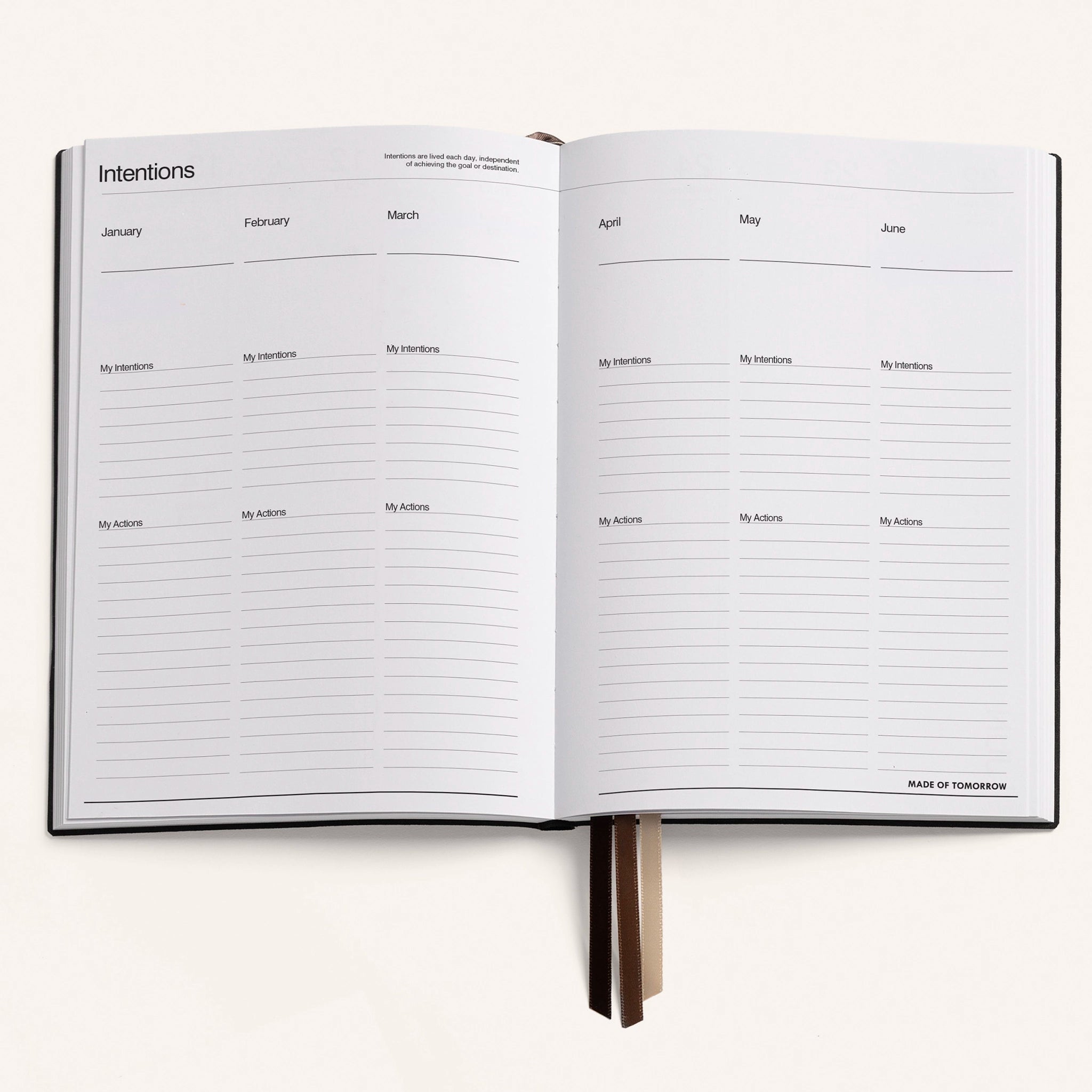 Open planner with monthly intentions section on a white background