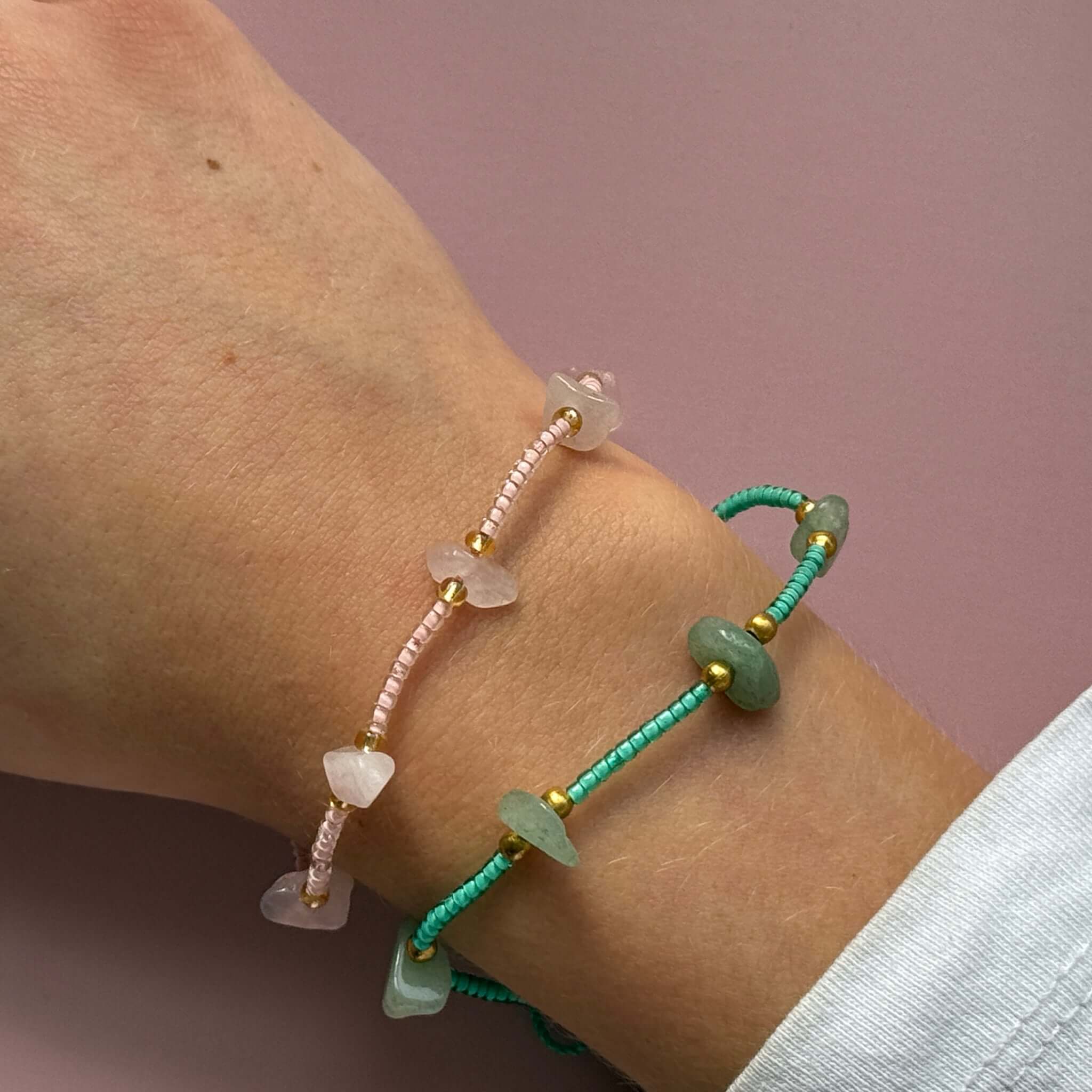 Margaret Cora Bracelet featuring pale seed beads and raw crystal chips in pink and turquoise.