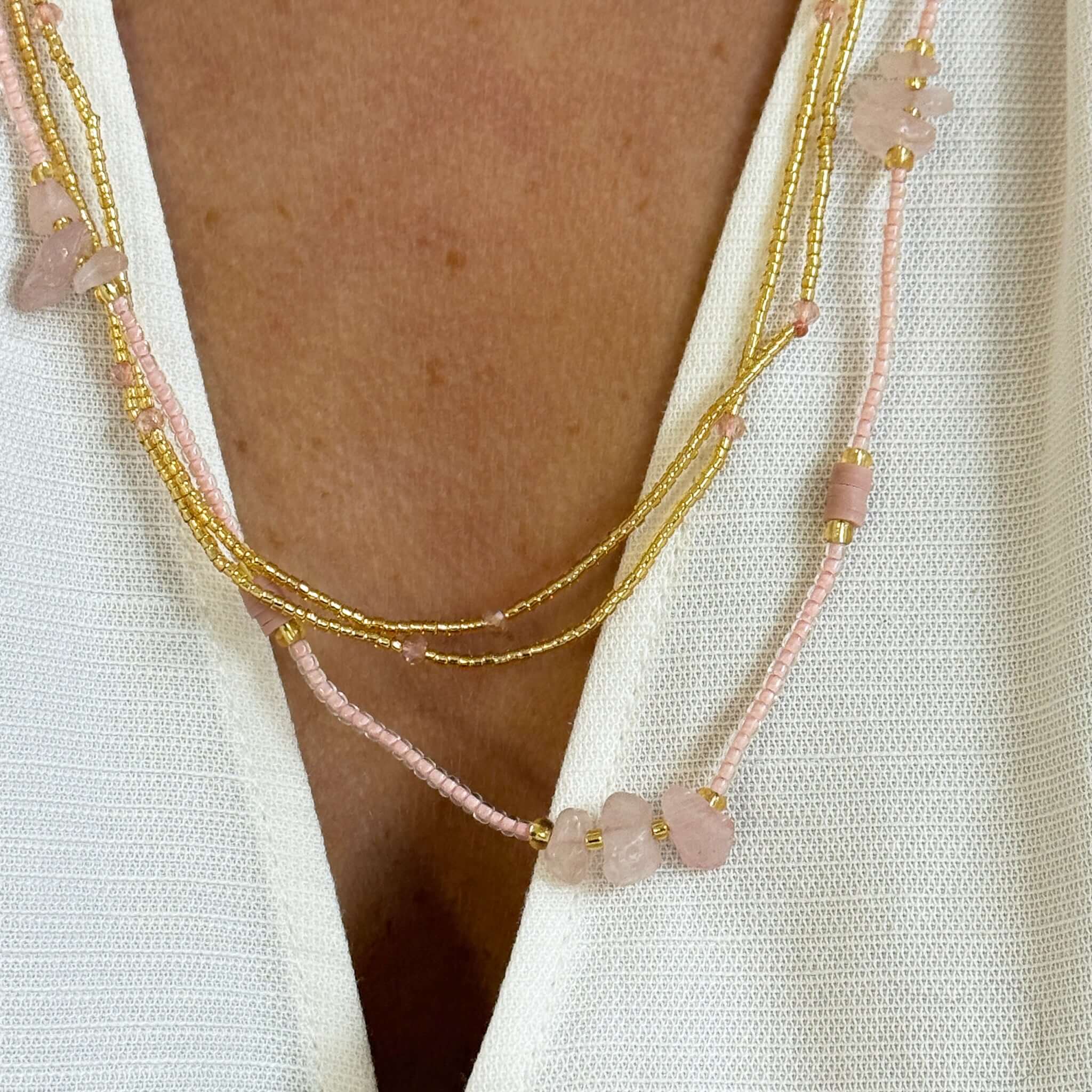 Margaret Cora Necklace featuring seed beads, raw stone accents, and gold spacers for a pop of color.