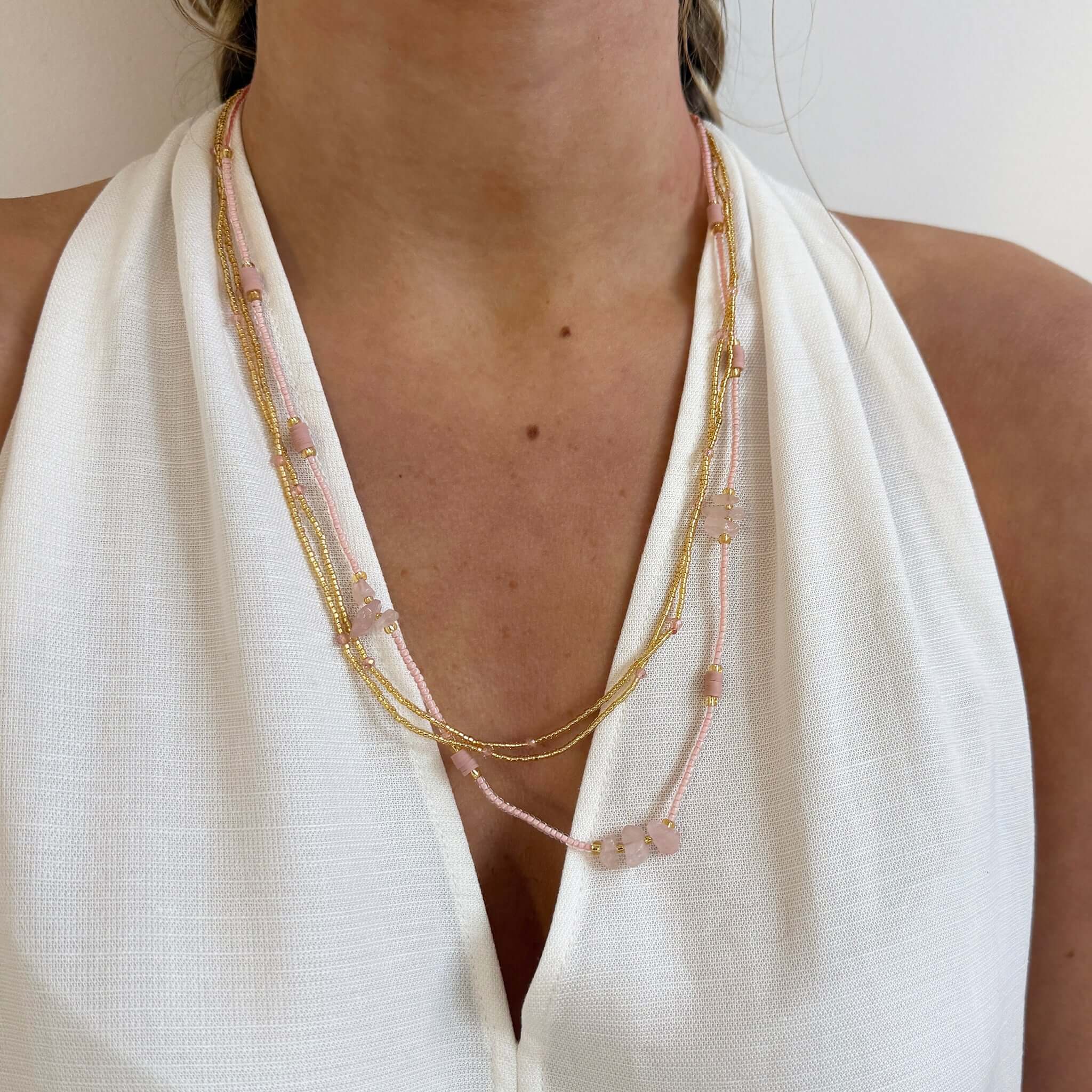 Close-up of the Margaret Cora Necklace featuring fine seed beads and gold spacers, perfect for summer layering.