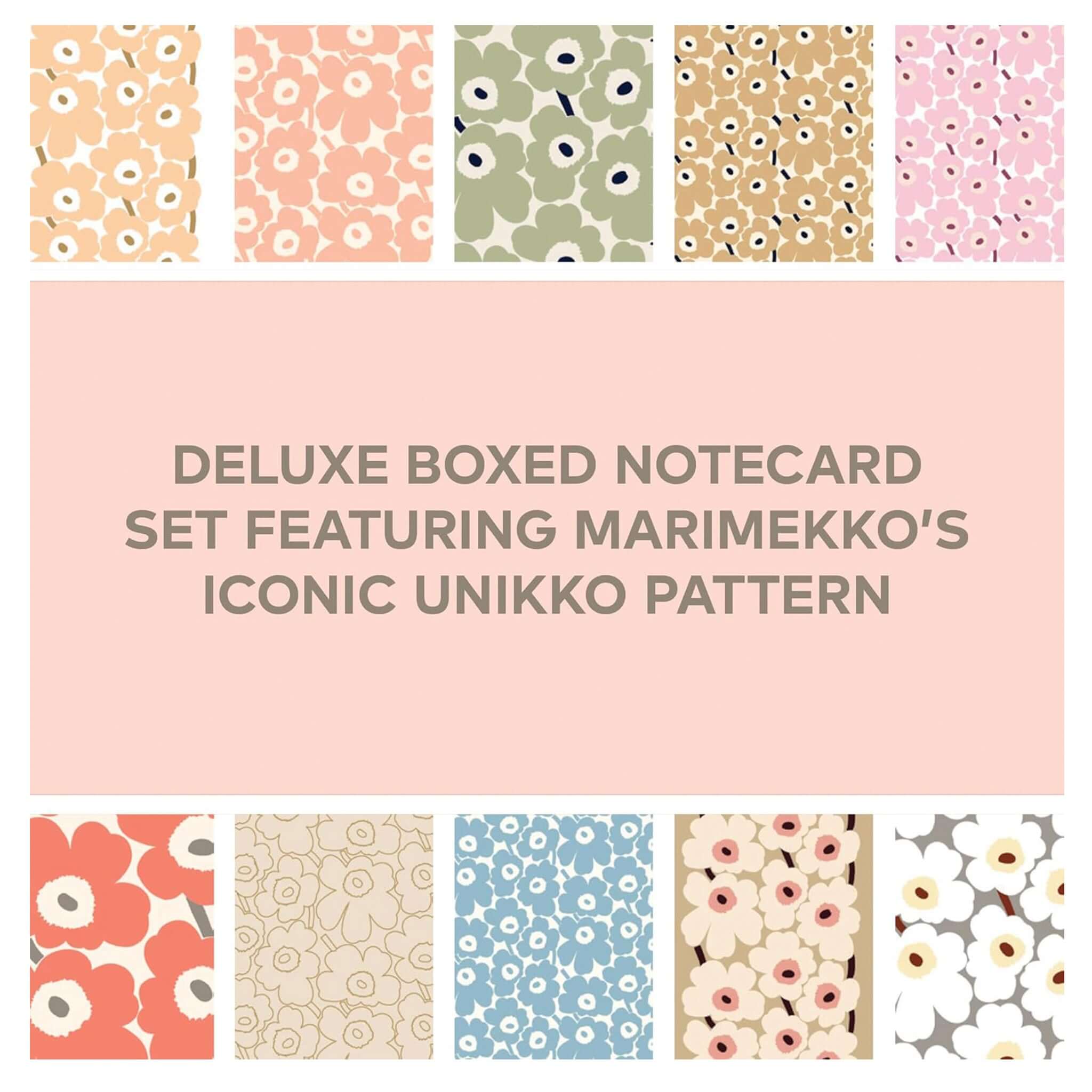 Alt Tag: Marimekko - Pastels Notecard & Envelope Set deluxe boxed set with iconic Unikko floral pattern, assorted pastel notecards and envelopes