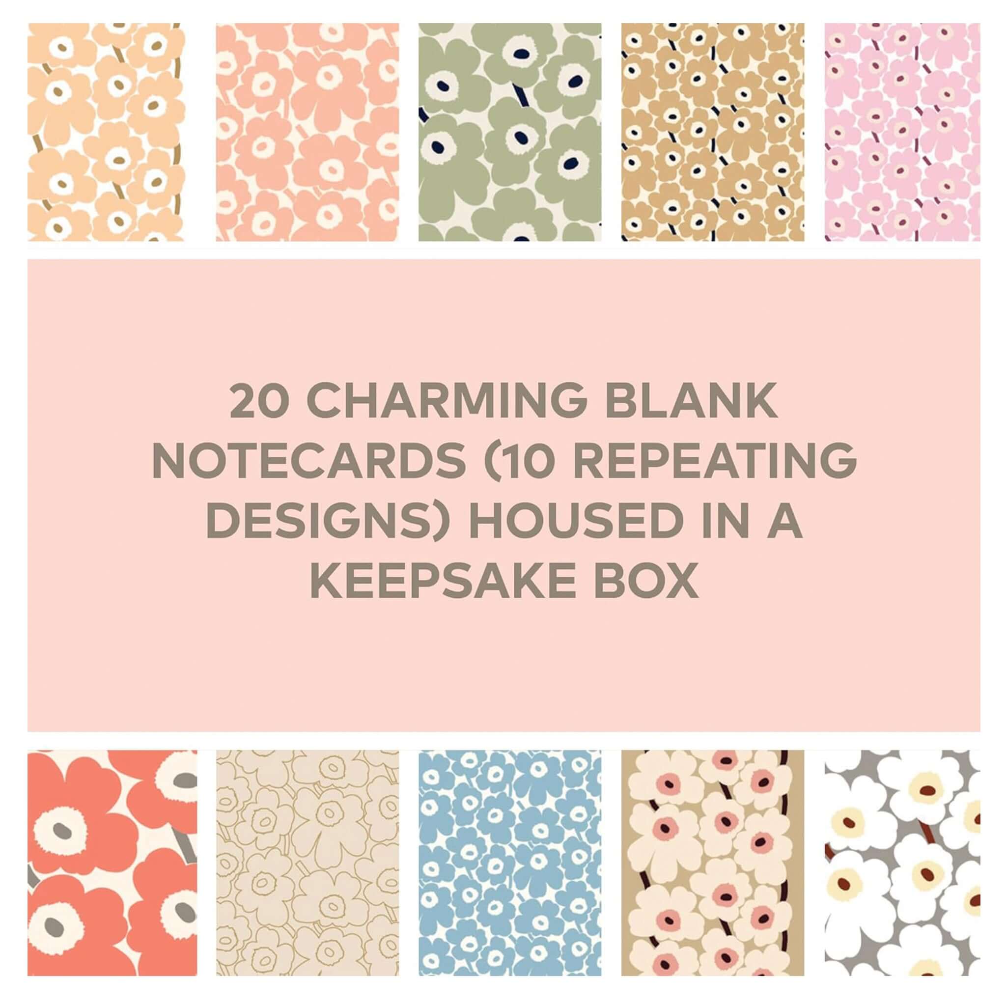 Alt Tag: Marimekko - Pastels Notecard & Envelope Set with Unikko pastel floral designs, 20 blank notecards (10 repeating) in keepsake box