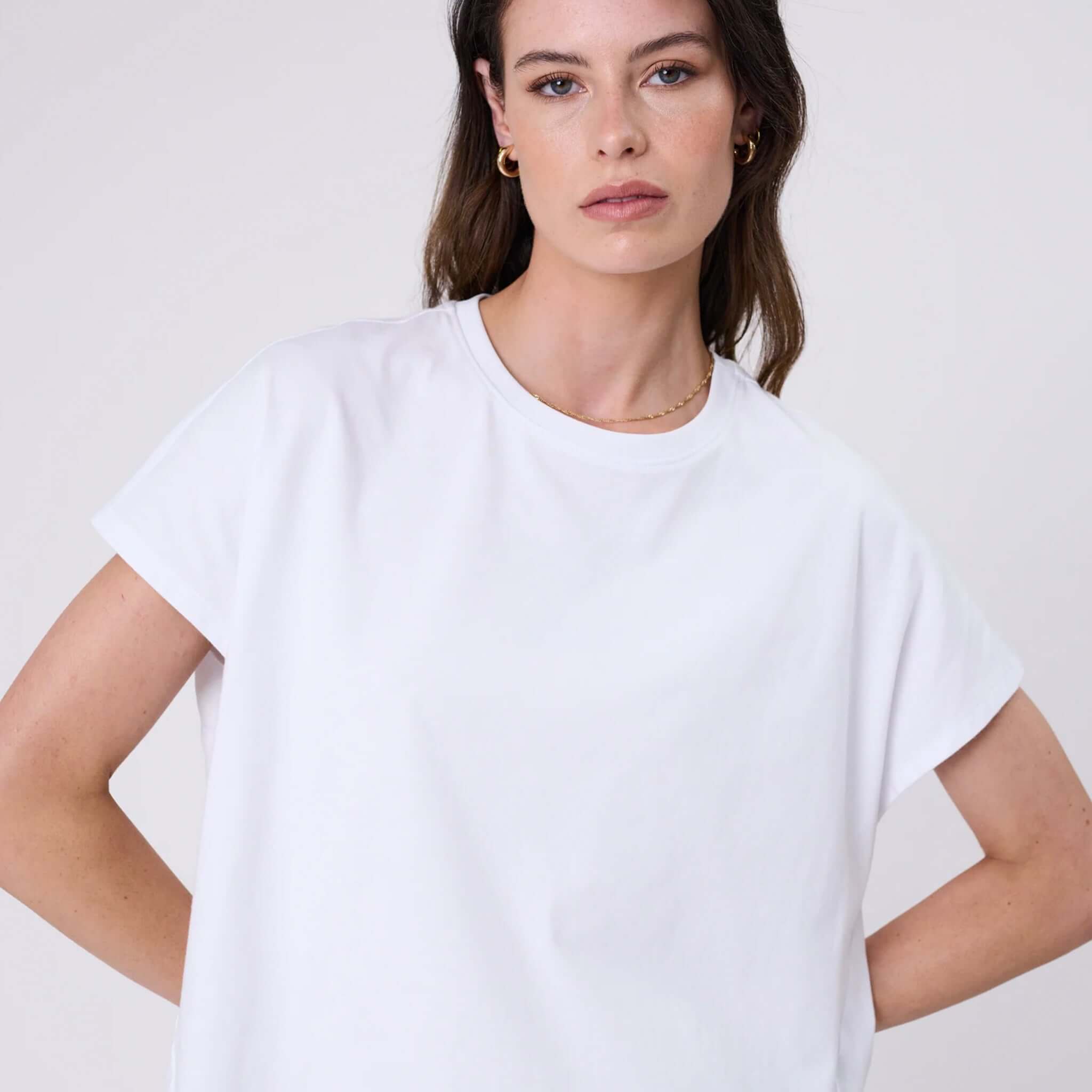 Marlow Barrel Tee - White on model showcasing relaxed fit and soft cotton material.