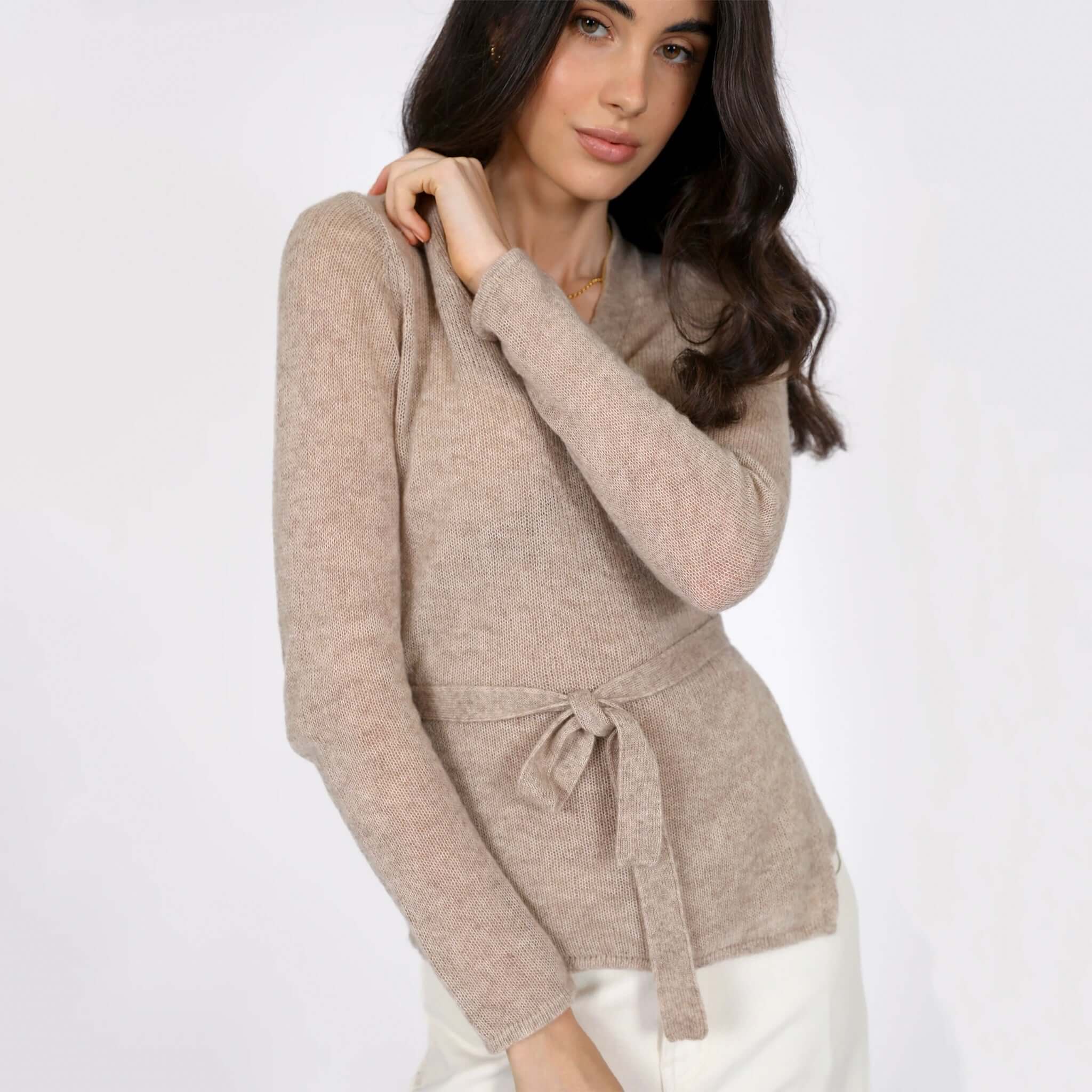 Marlow Celeste Wool & Cashmere Wrap Knit - Camel lightweight women’s wrap cardigan with tie waist in soft camel knit