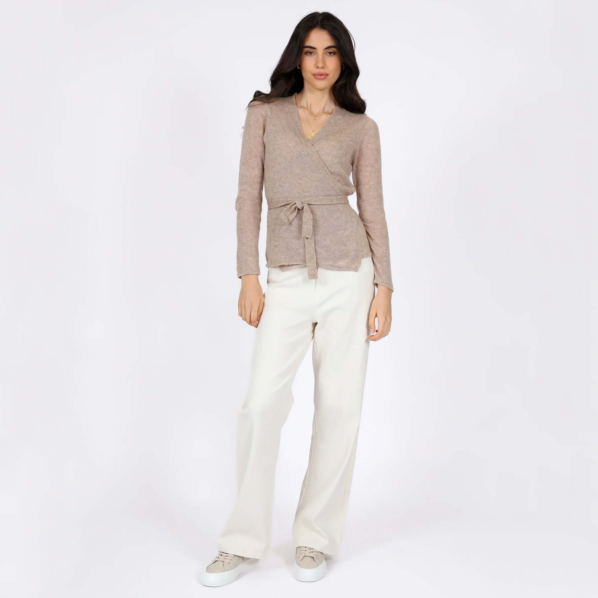 Alt Tag: Marlow Celeste Wool & Cashmere Wrap Knit - Camel women’s lightweight wrap cardigan with tie waist, slightly sheer knit, front view