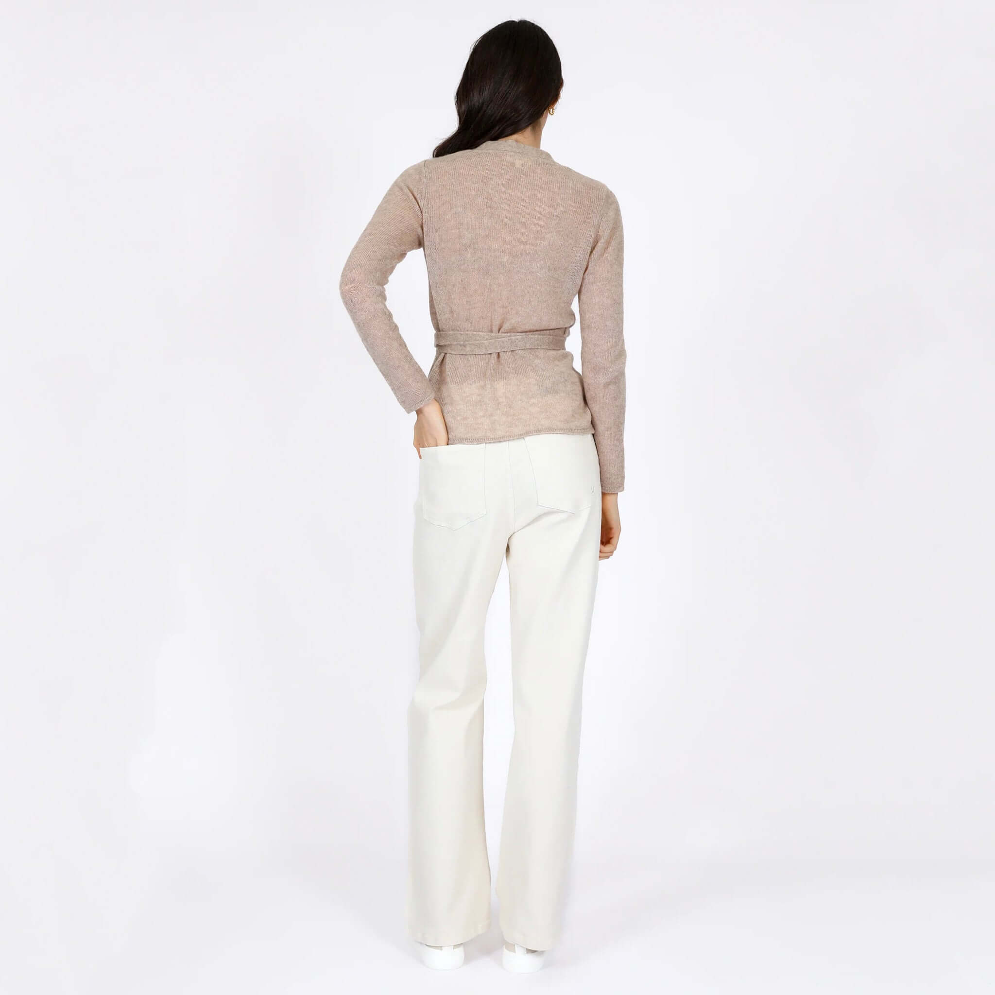 Alt Tag: Marlow Celeste Wool & Cashmere Wrap Knit - Camel back view, lightweight full wrap cardigan with tie waist in soft camel knit