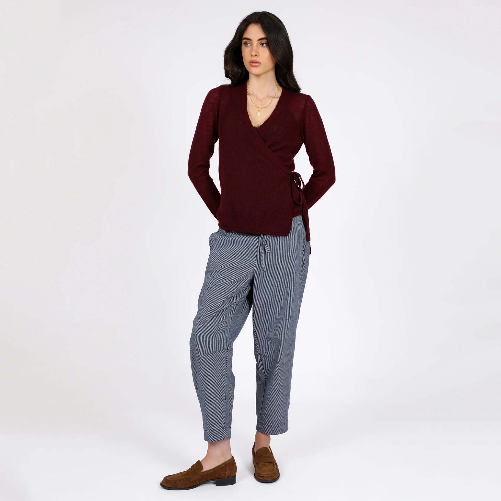 Alt Tag: Marlow Celeste Wool & Cashmere Wrap Knit - Oxblood women’s lightweight wrap cardigan with tie waist, front view