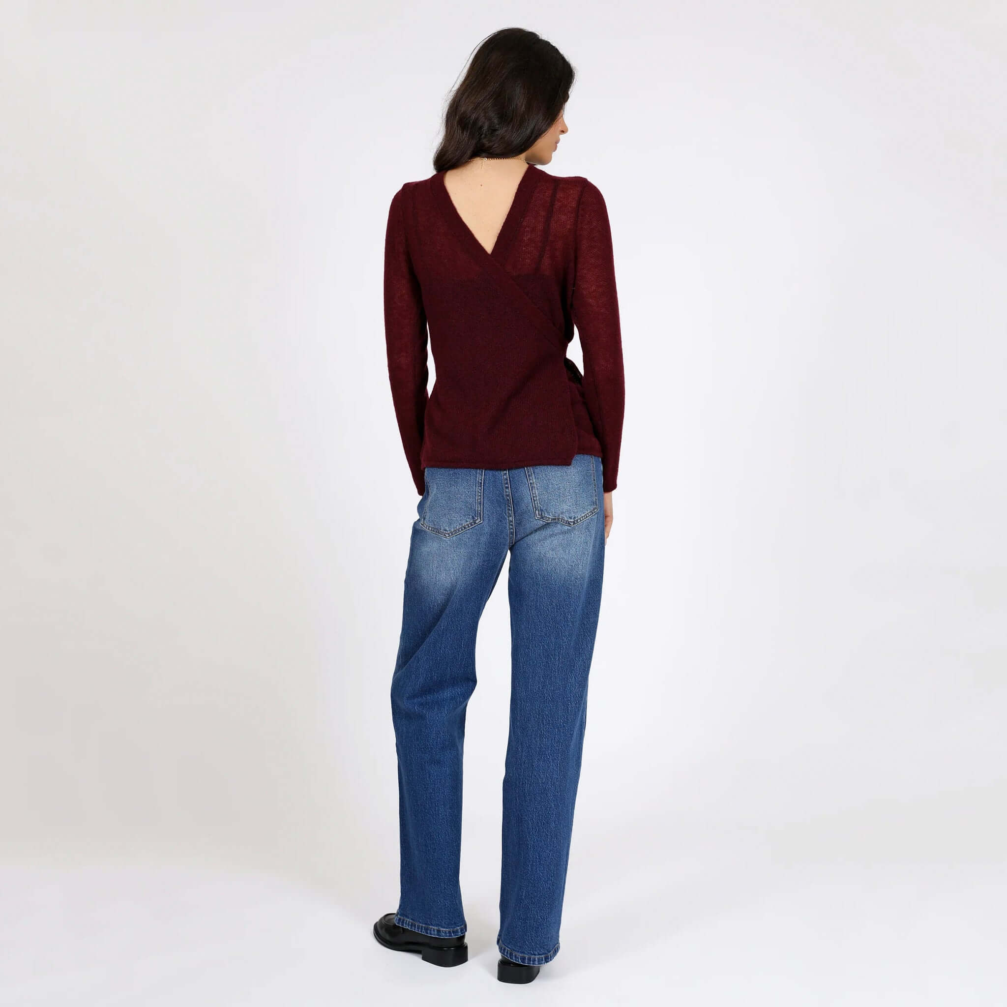 Marlow Celeste Wool & Cashmere Wrap Knit - Oxblood back view women’s lightweight wrap cardigan with tie waist and slightly sheer knit