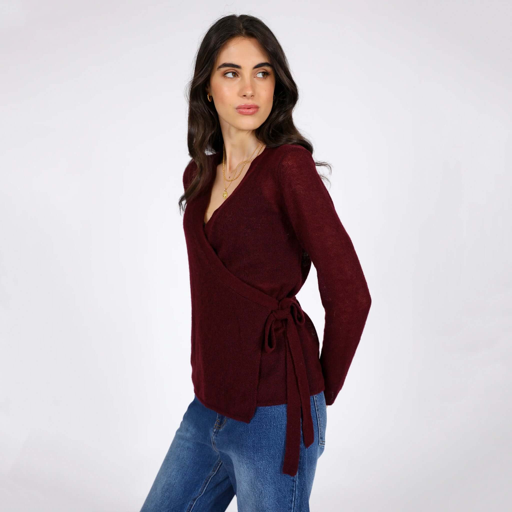Alt Tag: Marlow Celeste Wool & Cashmere Wrap Knit - Oxblood lightweight women's wrap cardigan with tie waist, soft sheer knit