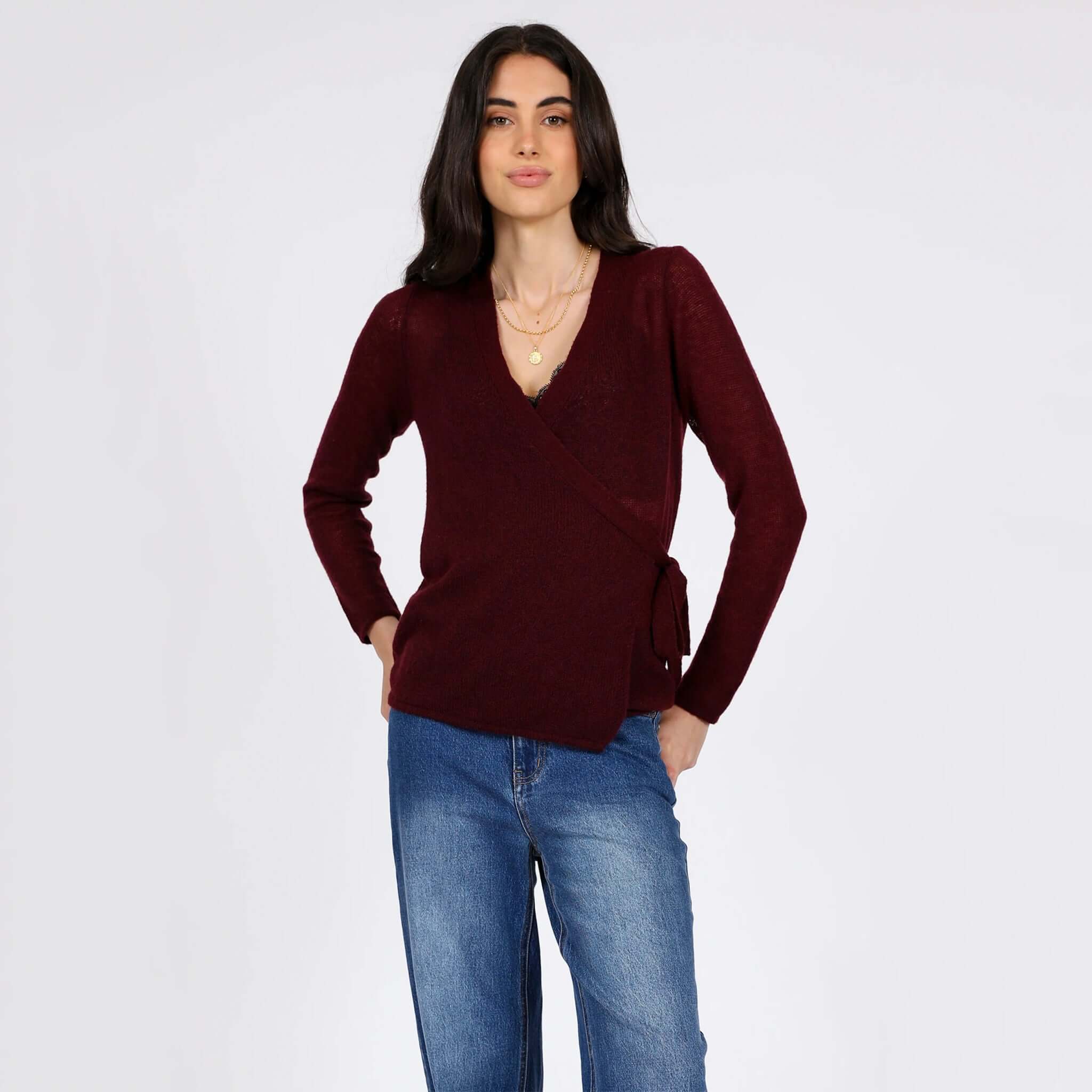 Alt Tag: Marlow Celeste Wool & Cashmere Wrap Knit - Oxblood women’s wrap cardigan with tie waist, lightweight soft knit, front view