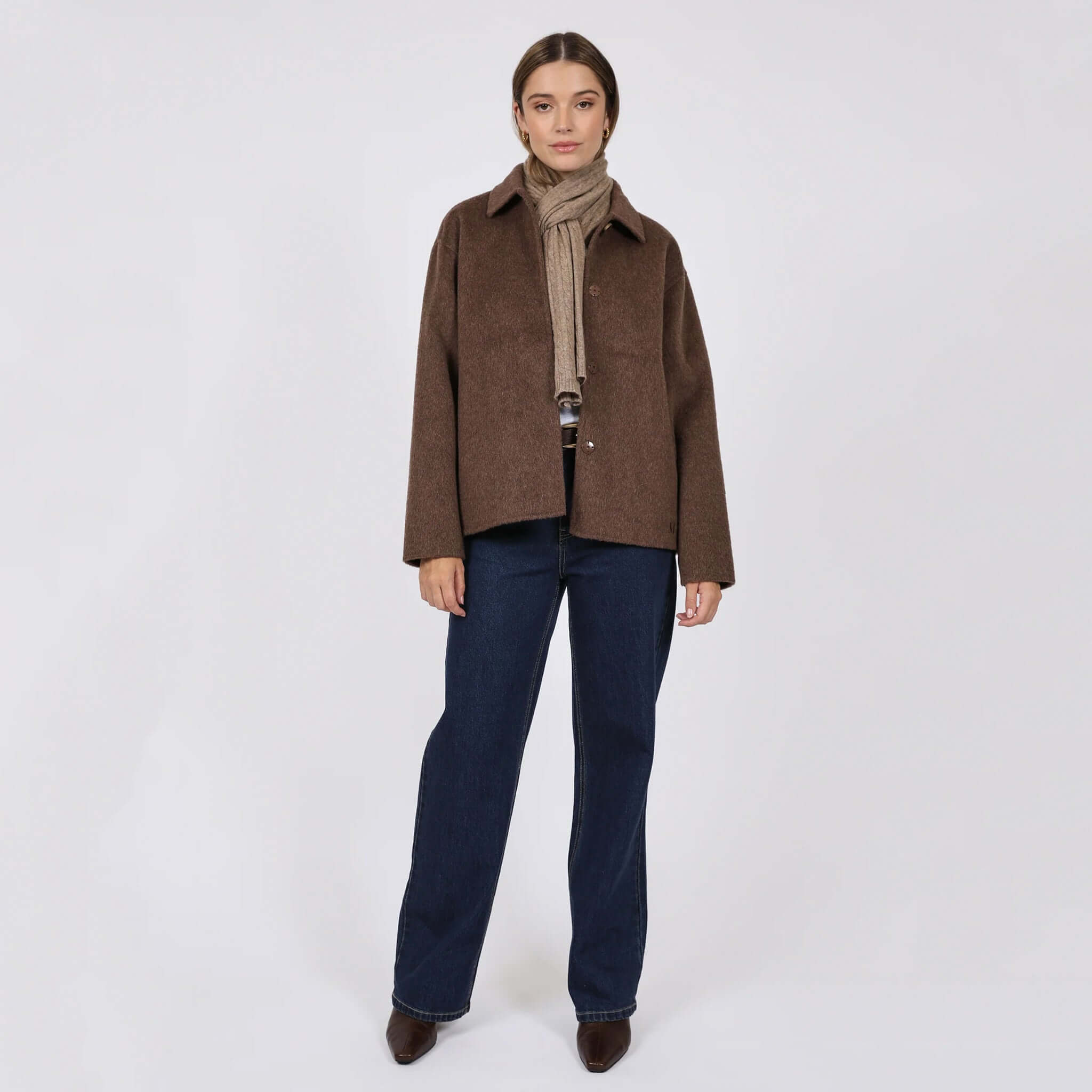 Marlow Loft Wool Coat - Mushroom worn with denim, showcasing its sleek design and premium double-faced wool texture.