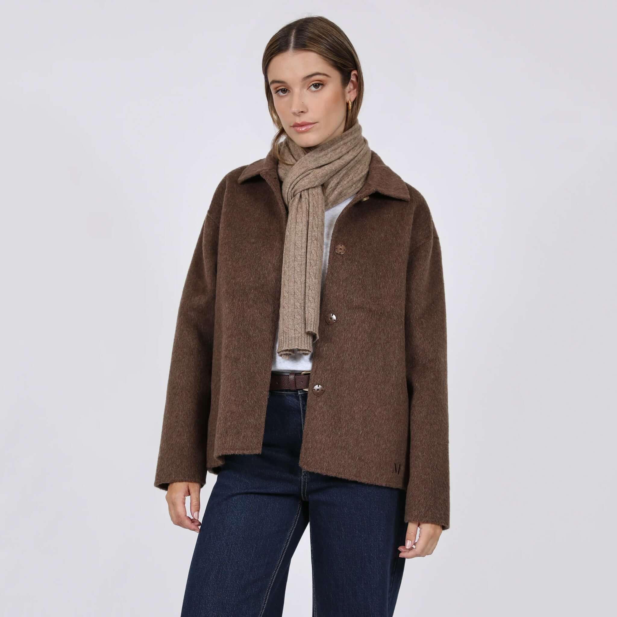 Marlow Loft Wool Coat - Mushroom in a stylish brown outfit with a cozy scarf, perfect for any wardrobe.