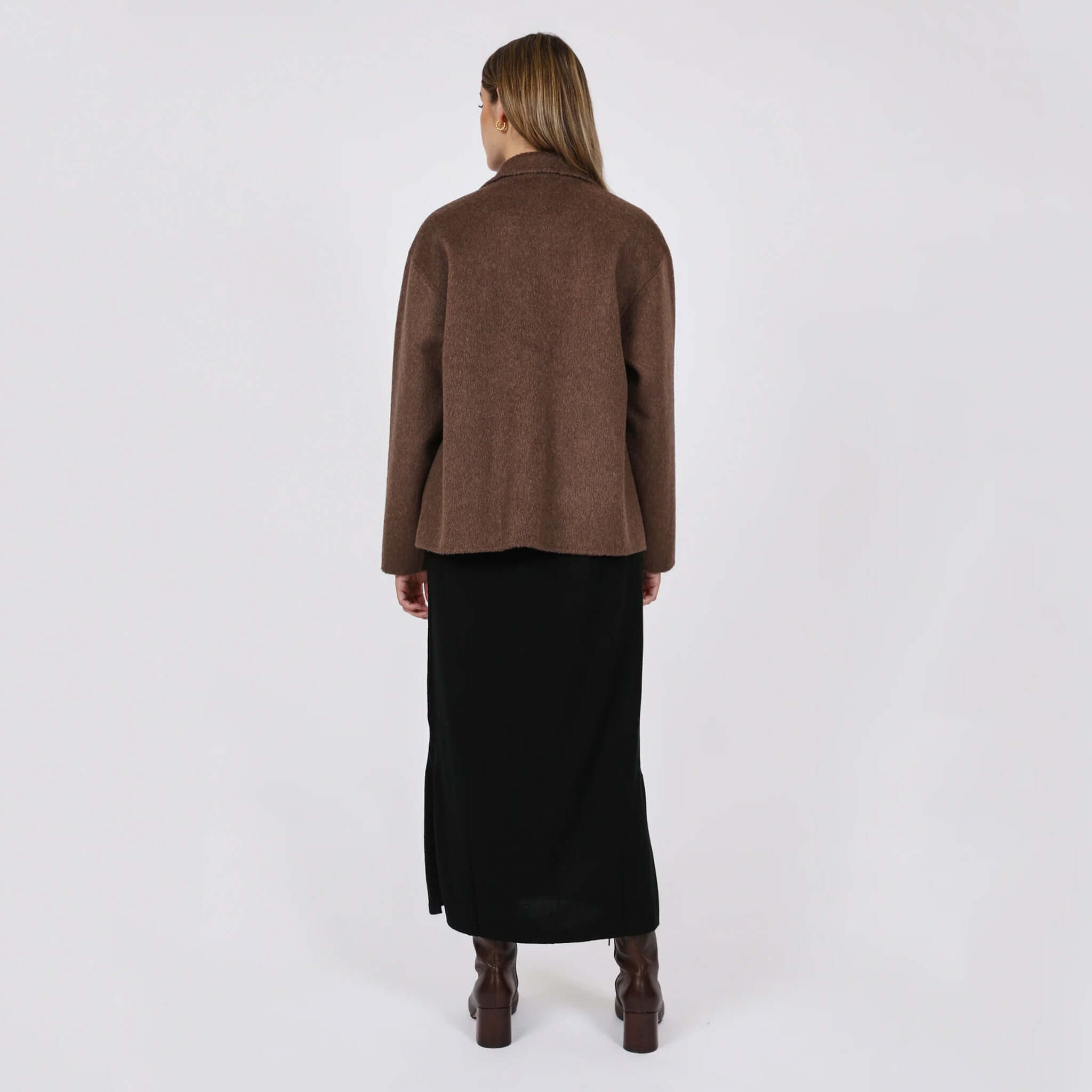 Marlow Loft Wool Coat - Mushroom shown from the back, featuring a structured silhouette and soft wool fabric.