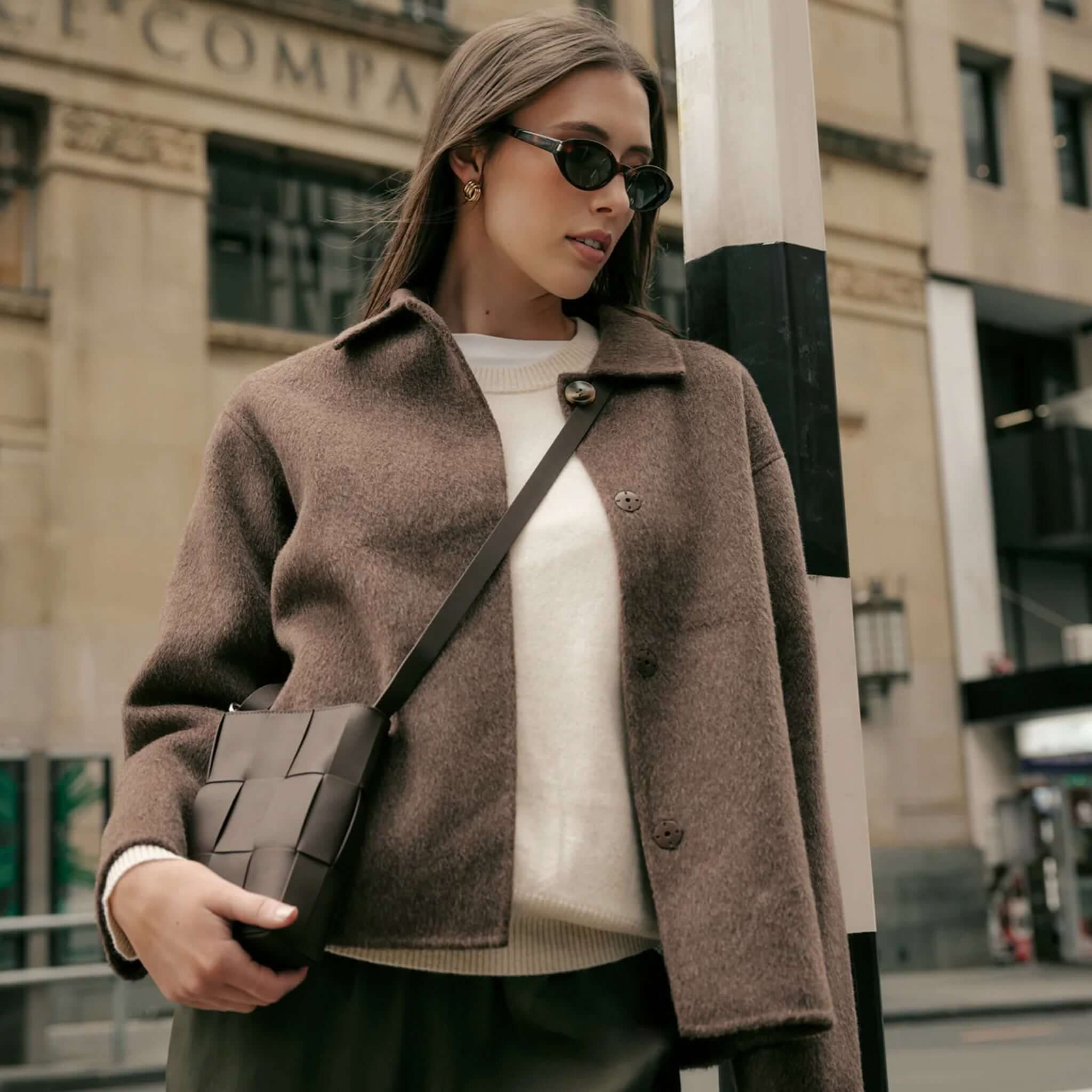 Marlow Loft Wool Coat - Mushroom worn by a model, showcasing its stylish design and soft wool texture.