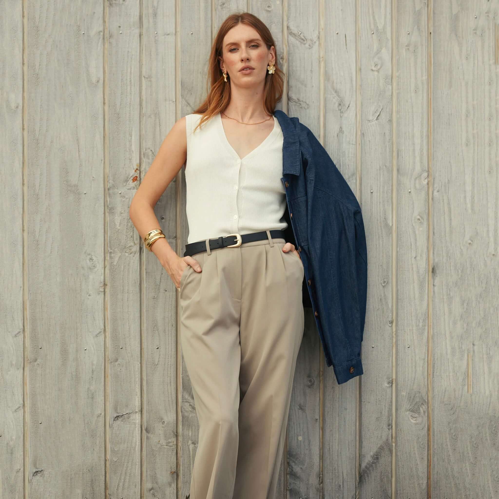 Alt Tag: Marlow Mode Pants - Ecru wide-leg pleated full-length pants with elastic back, styled with white blouse and belt