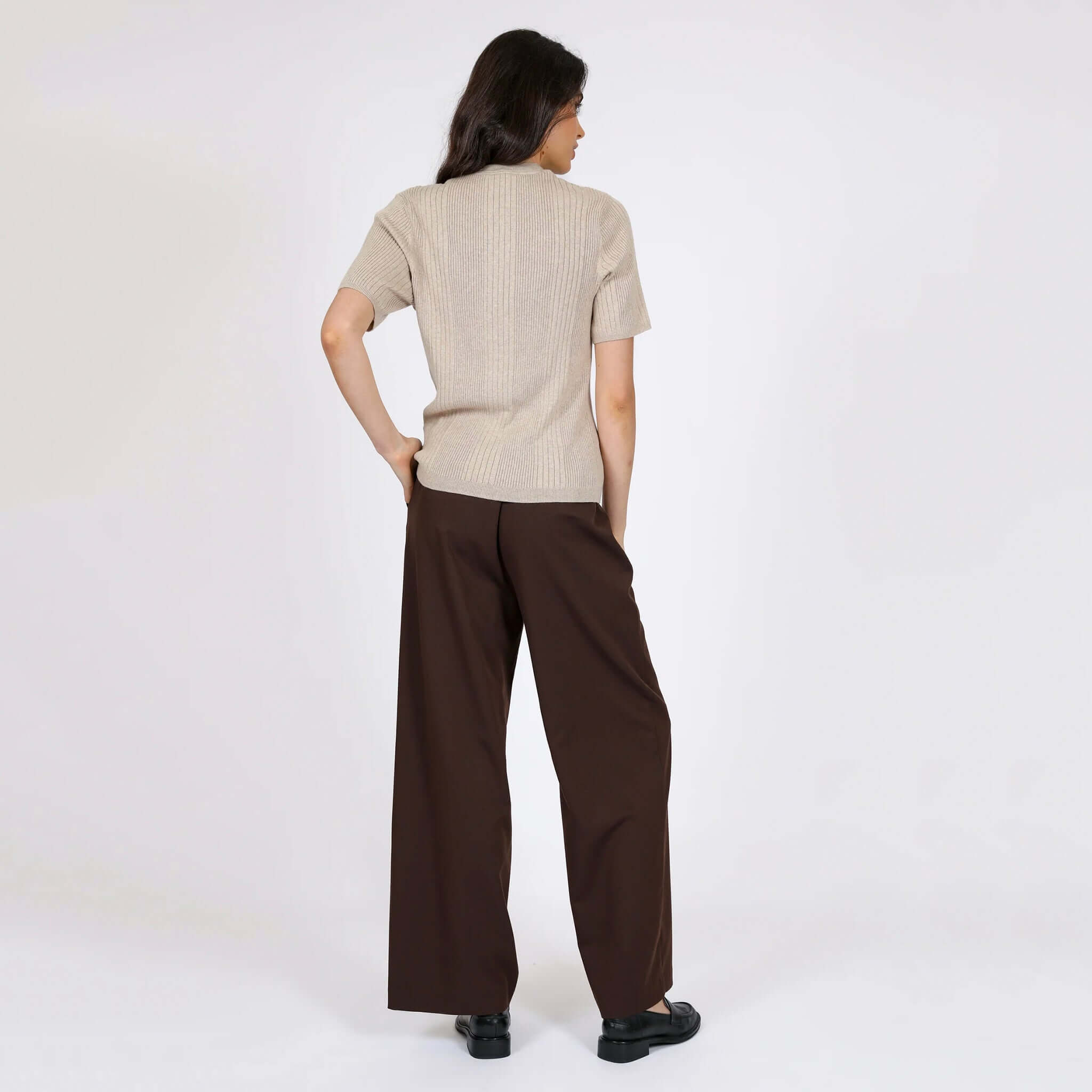 Alt Tag: Marlow Mode Pants - Java wide leg full-length brown pants with pleats, elastic back and side pockets, back view