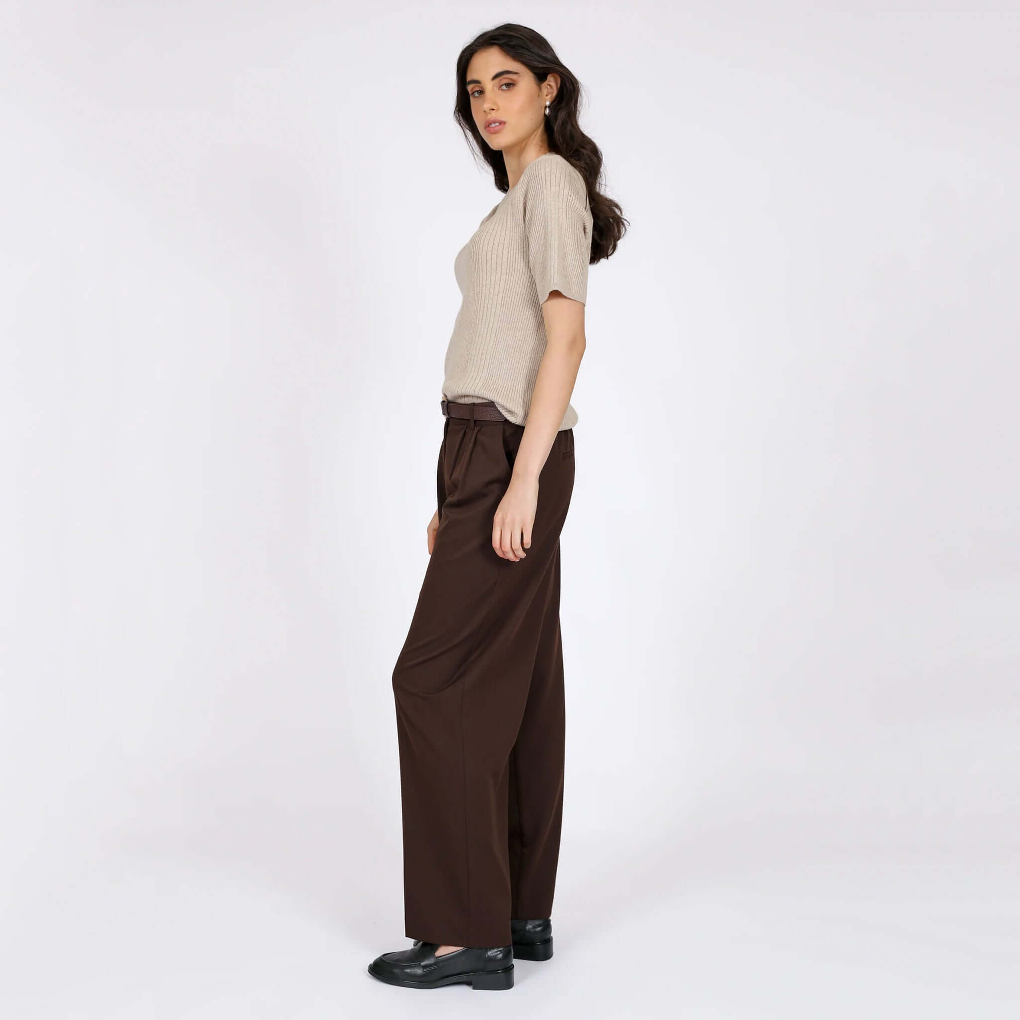 Alt Tag: Marlow Mode Pants - Java full-length wide-leg trousers with pleats, elastic back and side pockets, styled with knit top