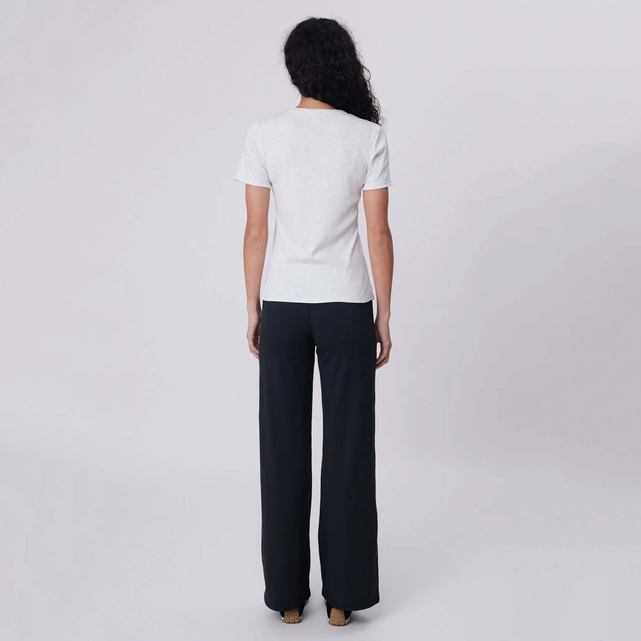 Alt Tag: Marlow Recharge Wide Leg Pants - Black back view high-rise wide-leg silhouette in Airbrush Sculpt fabric