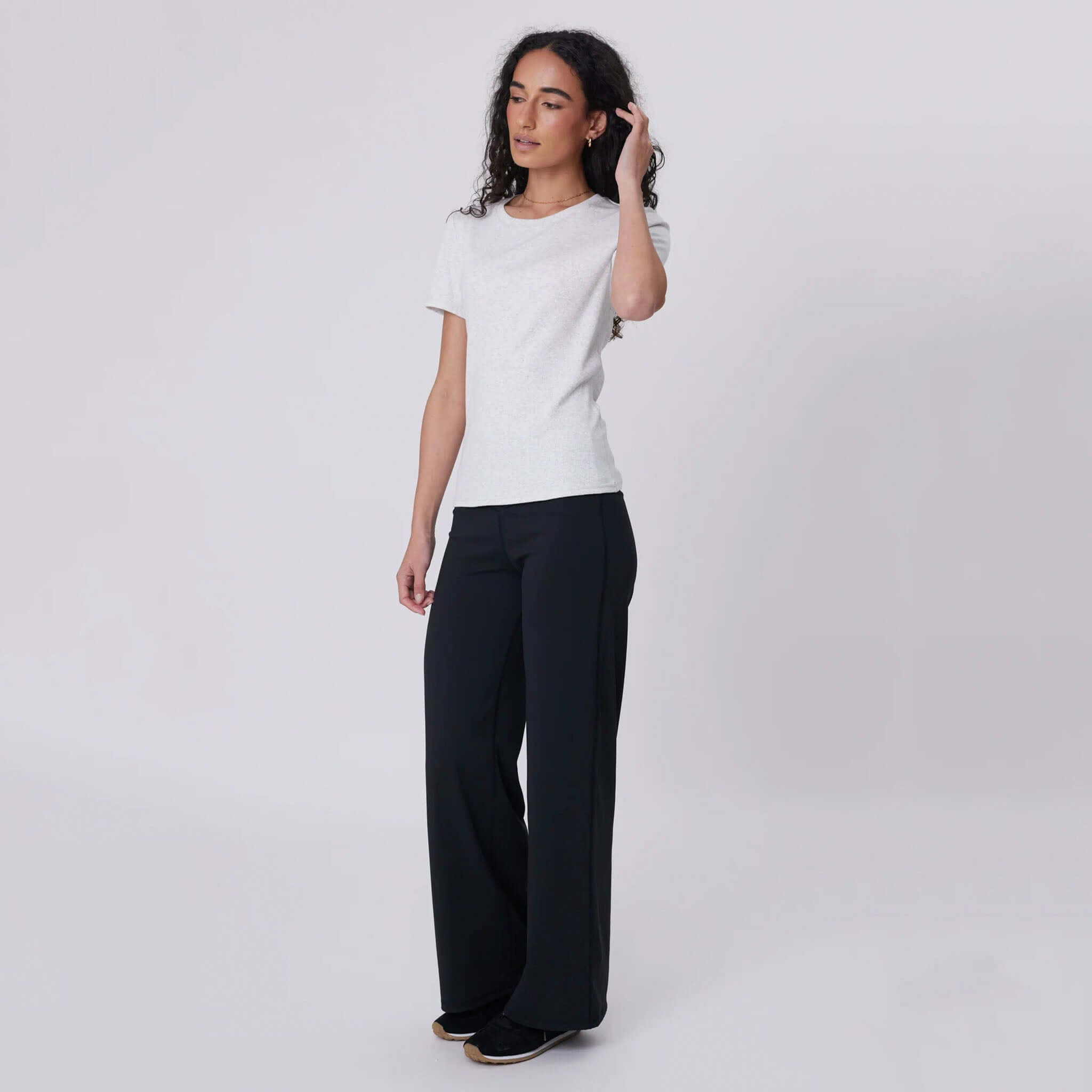 Marlow Recharge Wide Leg Pants - Black on model, high-rise wide-leg silhouette, soft Airbrush Sculpt fabric for comfort