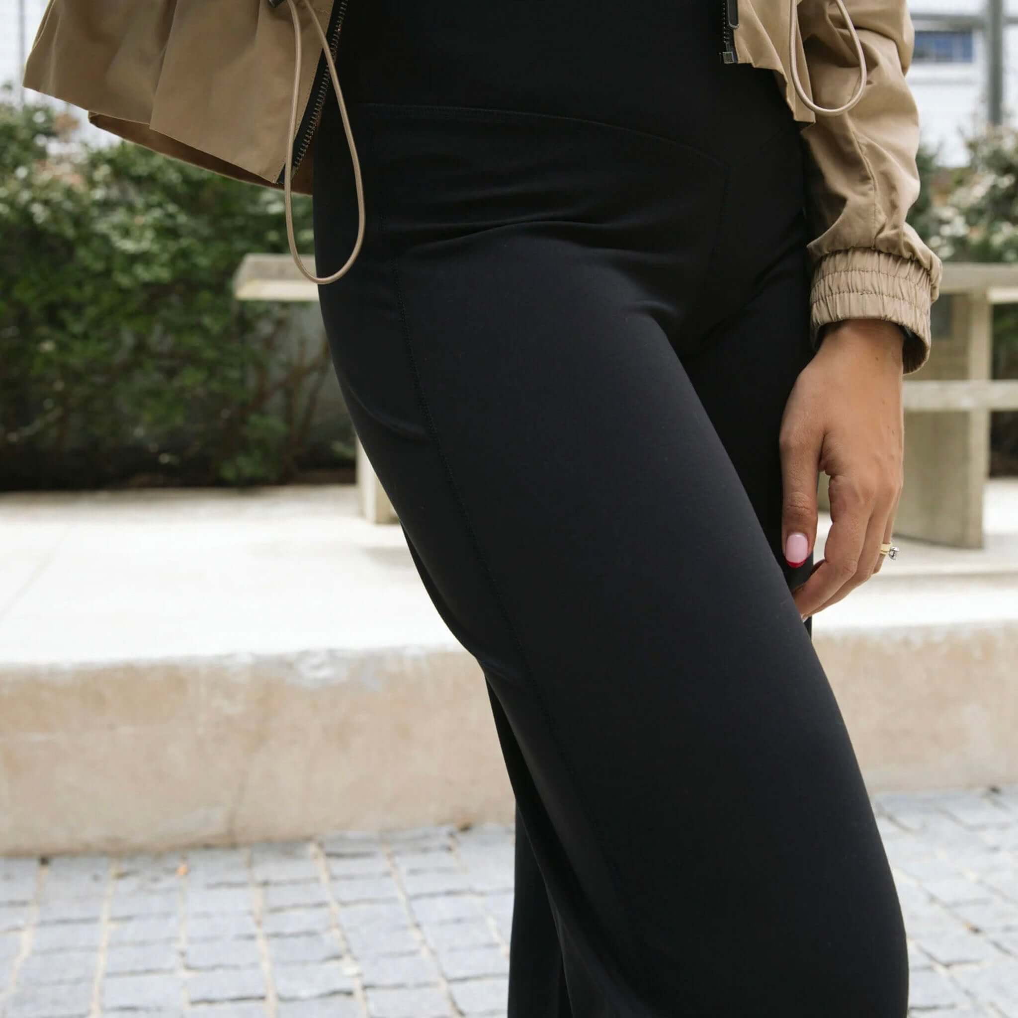 Alt Tag: Marlow Recharge Wide Leg Pants - Black high-rise wide-leg Airbrush Sculpt fabric pants close-up