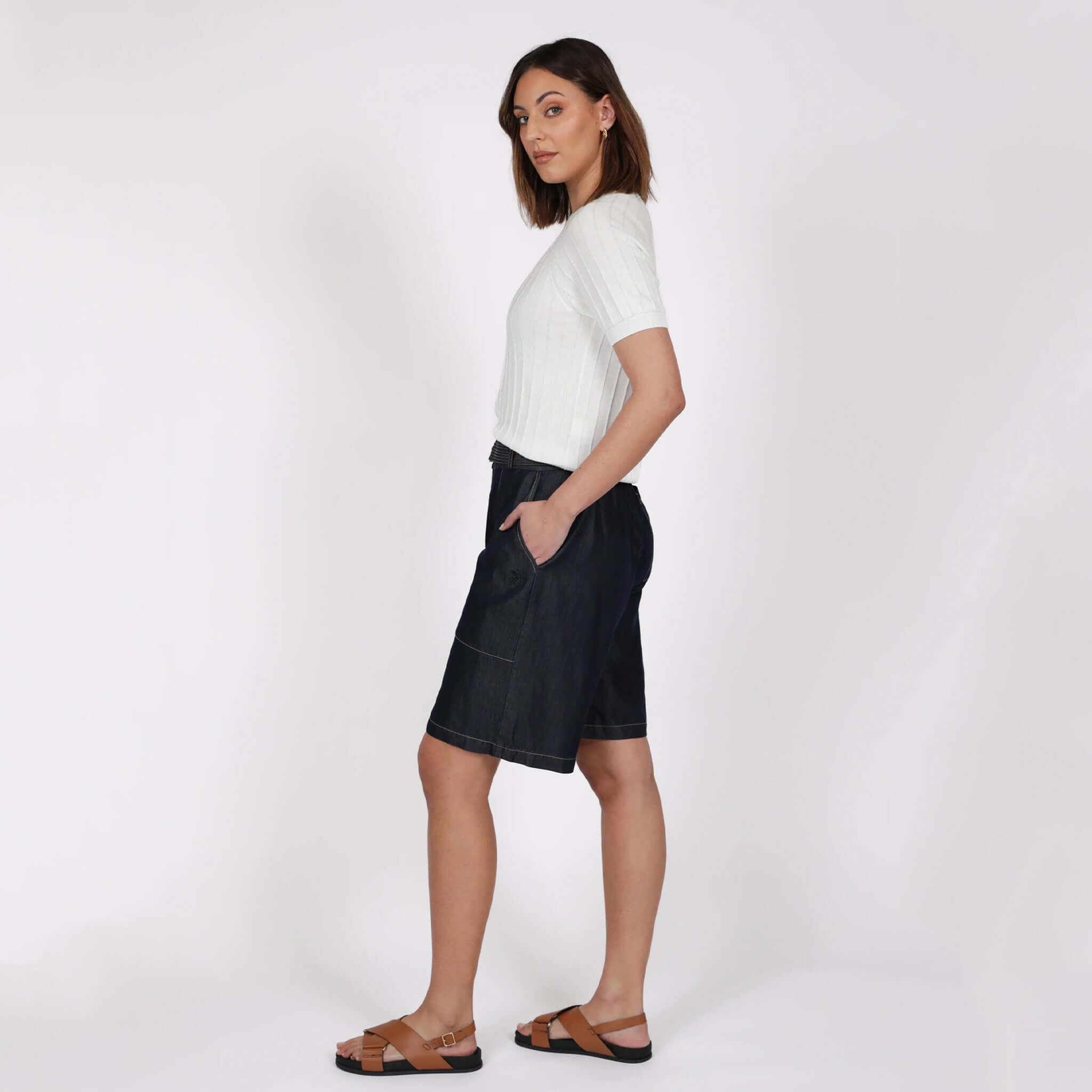 Marlow Soleil Knit Tee - Ivory styled with denim shorts and sandals, showcasing a relaxed summer look.