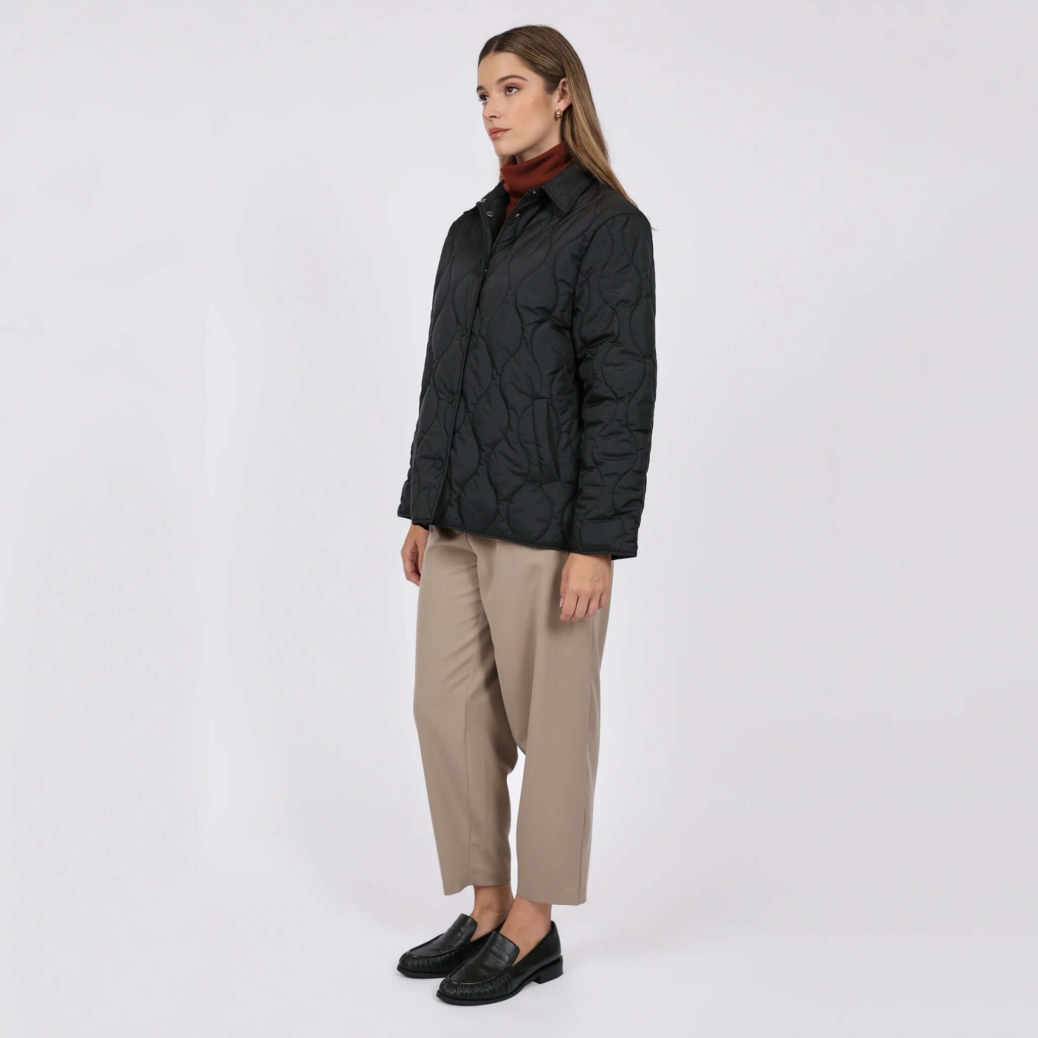 Marlow Toronto Quilted Jacket - Black worn by a model, showcasing modern style and warm quilted design.