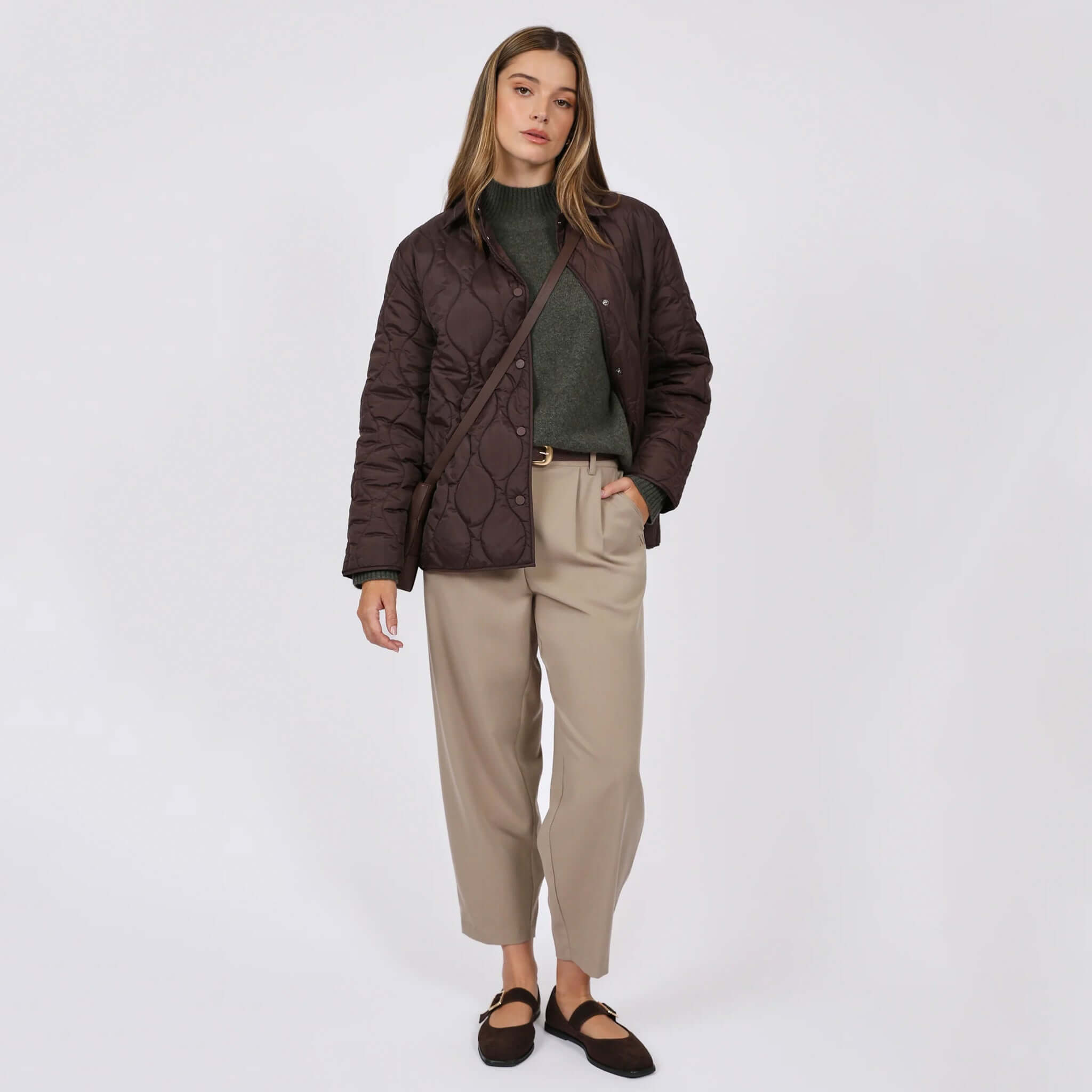 Marlow Toronto Quilted Jacket - Java worn by a model, showcasing a modern quilted design for cold-weather style.