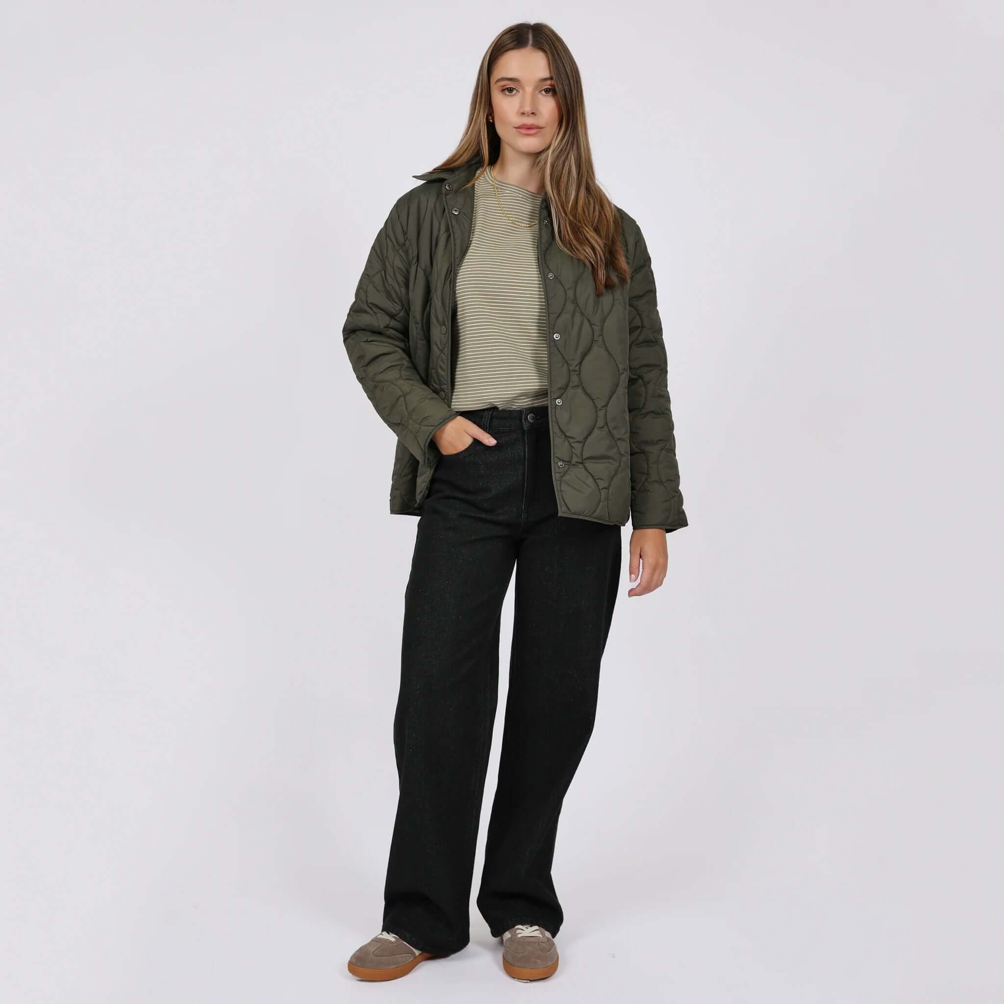 Marlow Toronto Quilted Jacket - Spruce worn with relaxed-fit jeans and a striped top, perfect for cold weather styling.