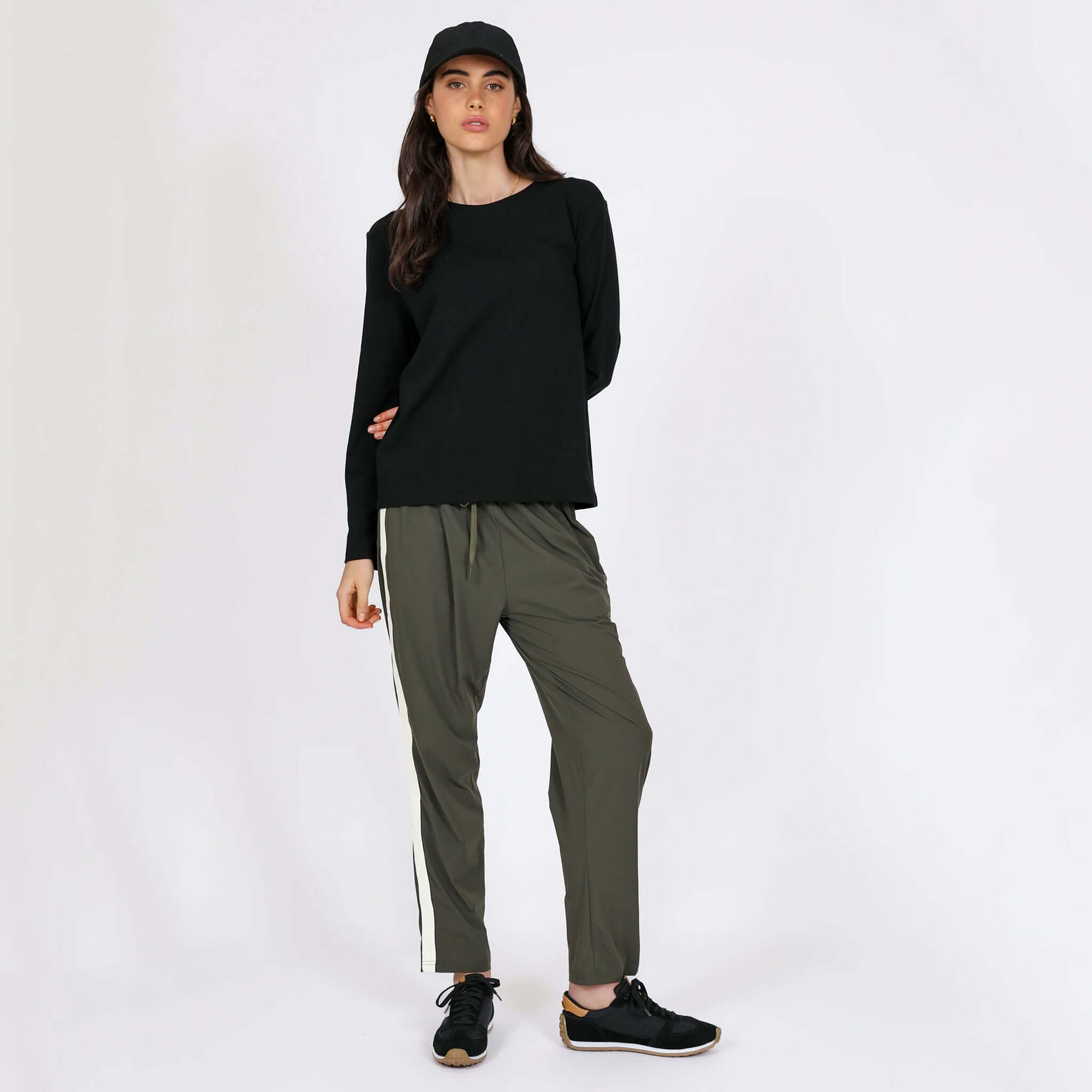 Marlow Transit Pants - Olive on model, lightweight featherlight stretch travel pants, breathable quick-dry wrinkle-resistant fit