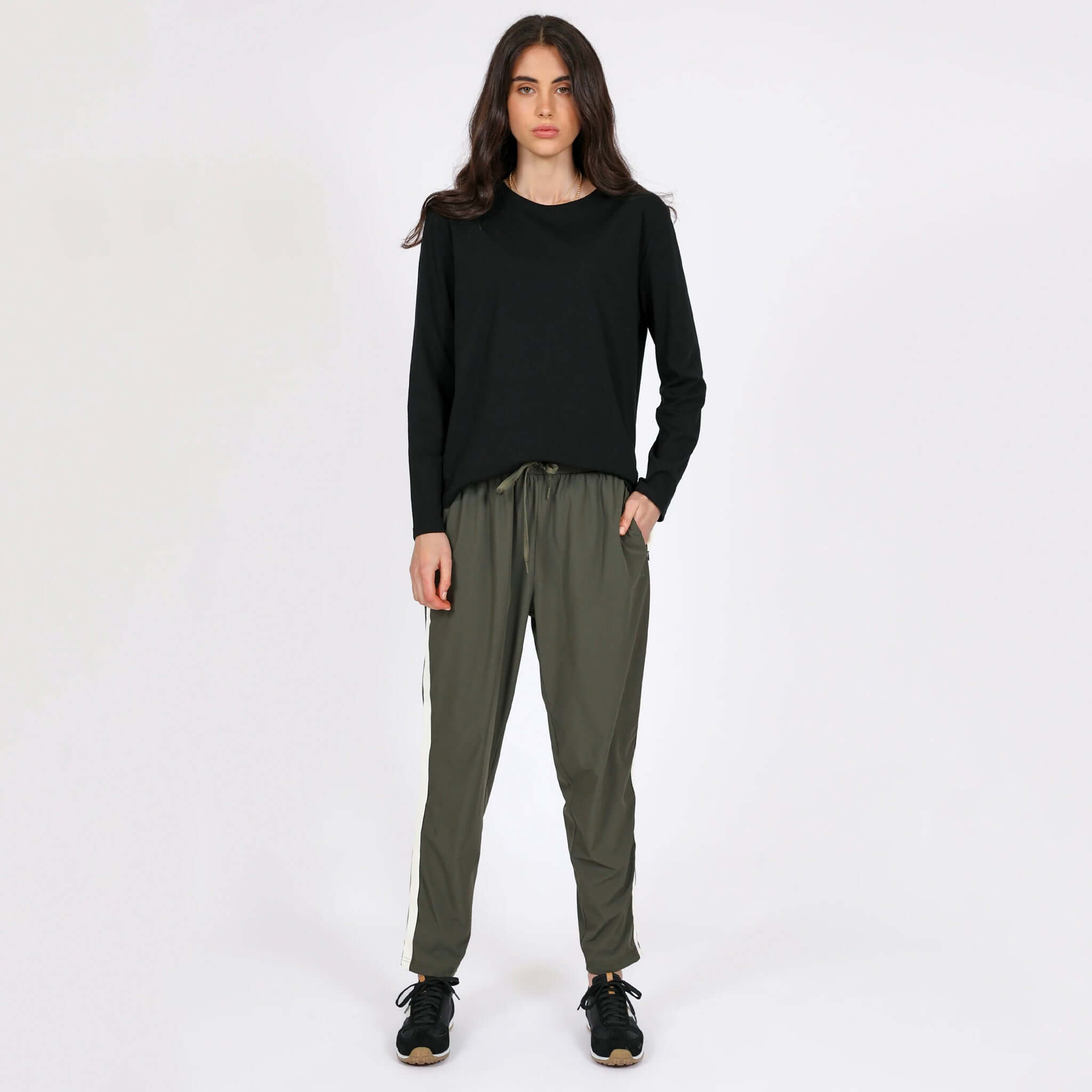 Alt Tag: Marlow Transit Pants - Olive women's featherlight stretch travel pants, full-length front view, breathable quick-dry wrinkle-resistant