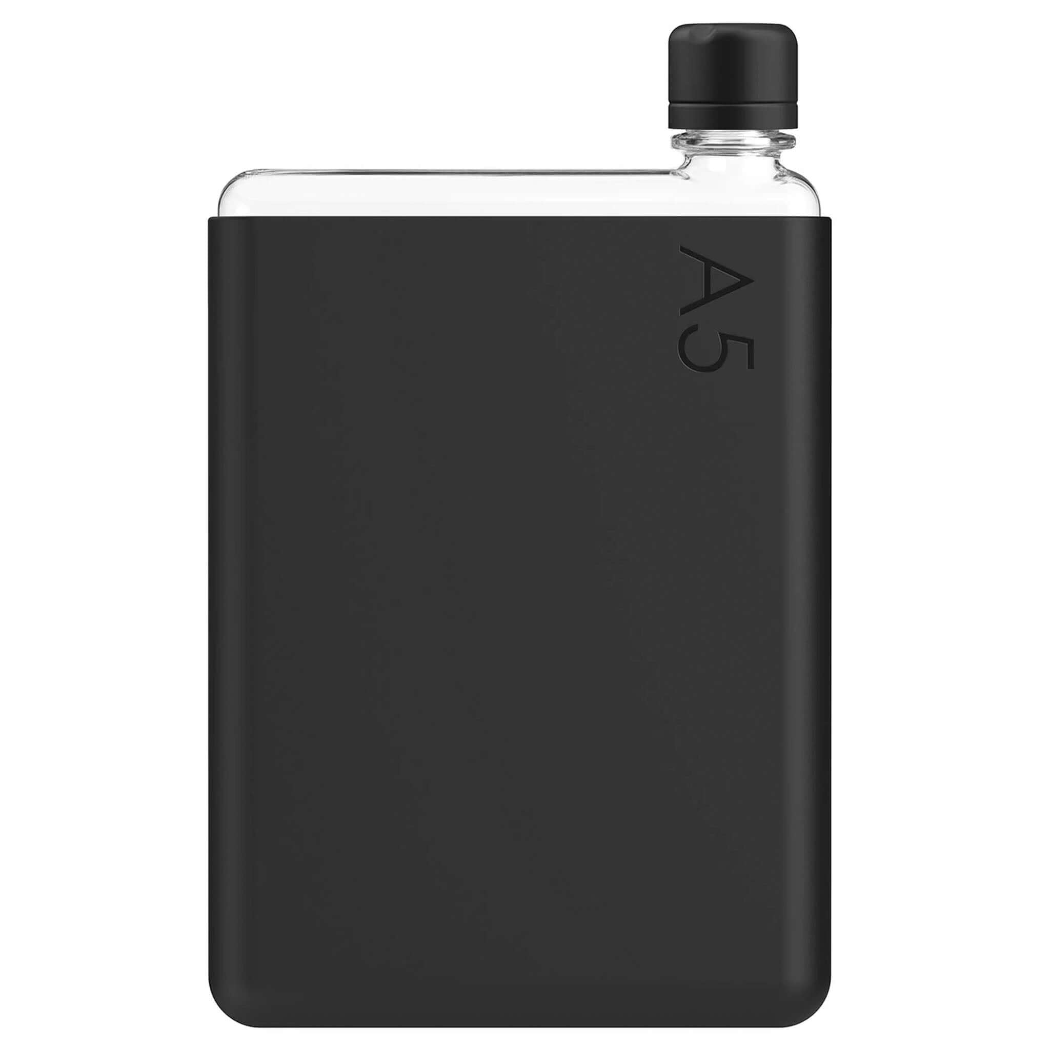 Alt Tag: Memobottle Bundle A5 - Black Ink flat reusable water bottle with black silicone sleeve and lid, pocket-friendly A5 design