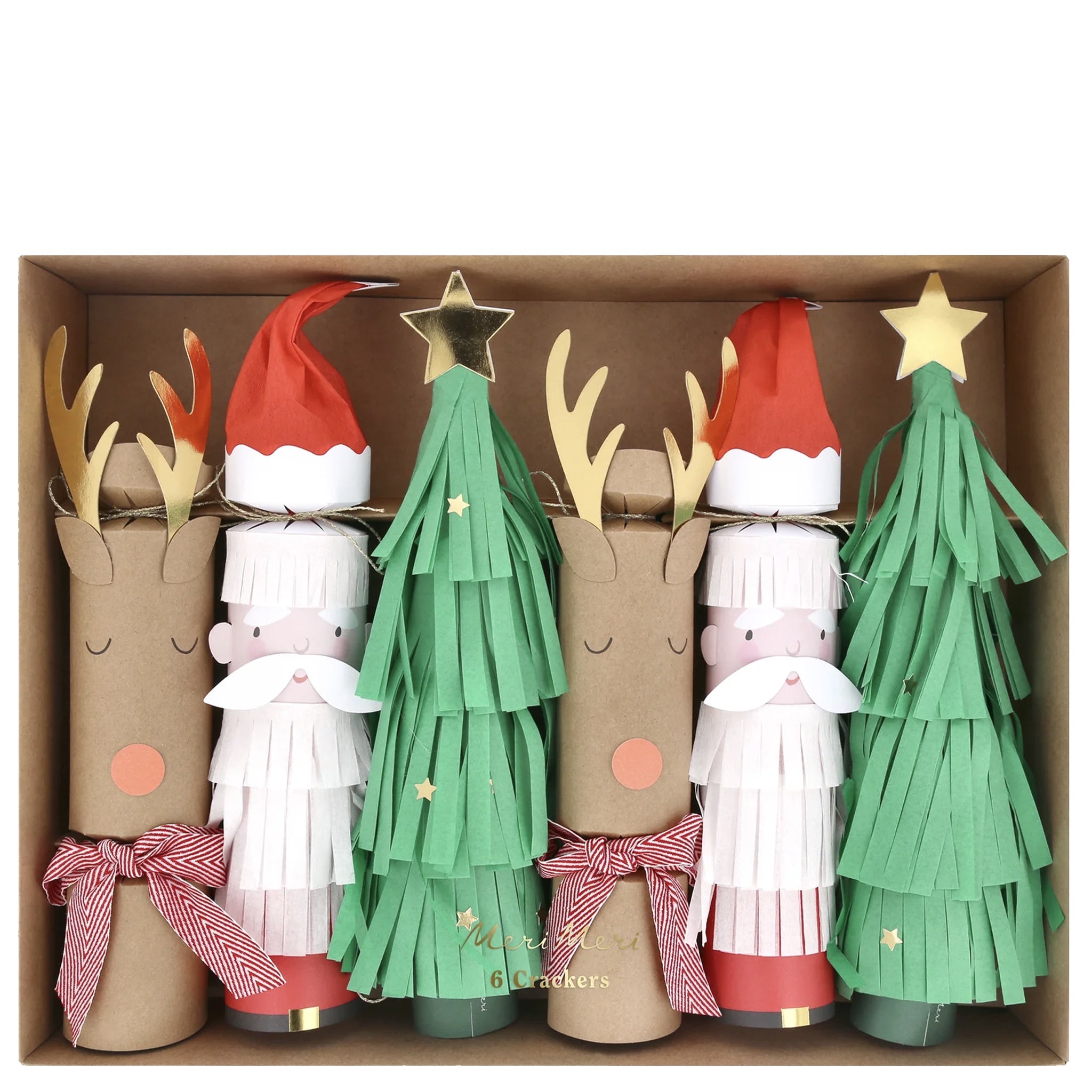Set of Christmas-themed cracker decorations in a box