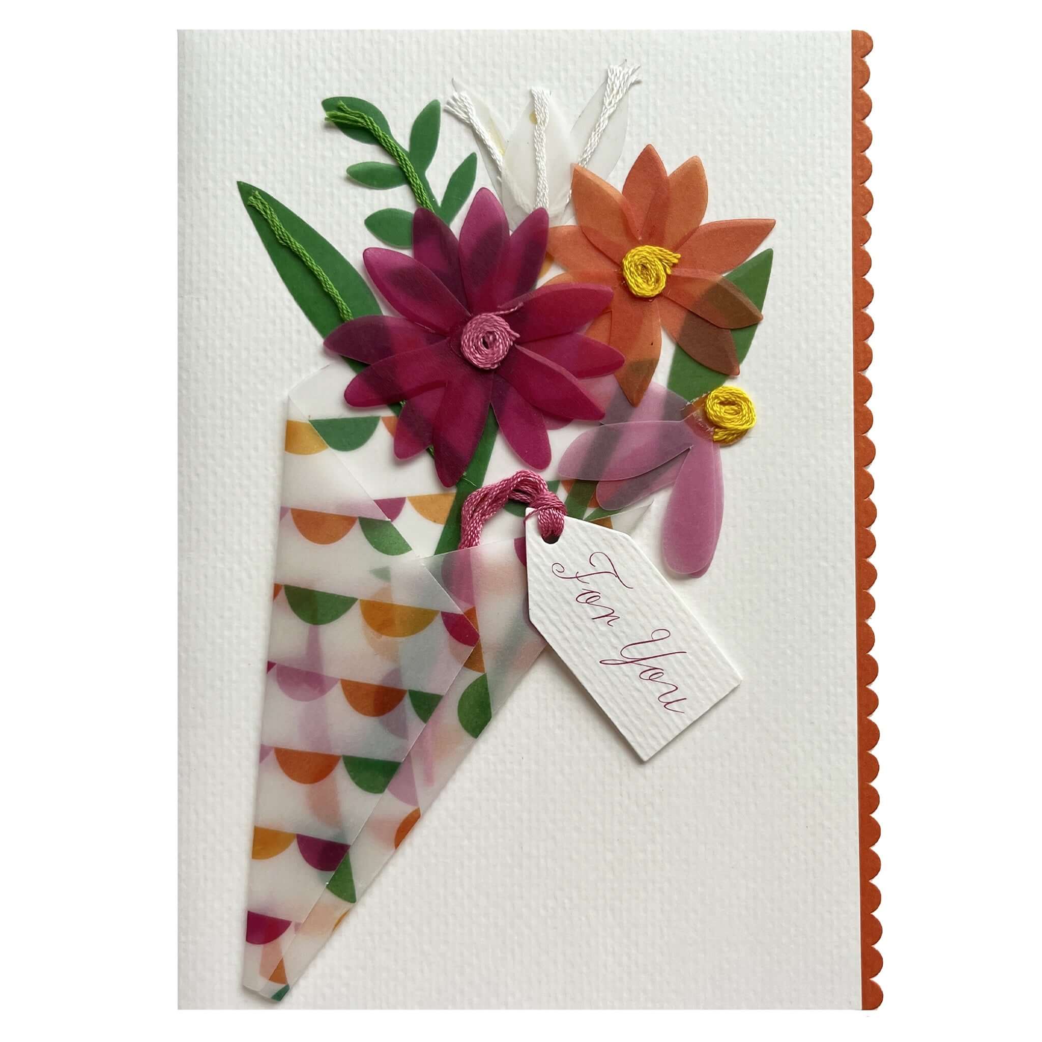Alt Tag: Meri Meri Card - For You Bouquet 3D bouquet greeting card with layered paper flowers, translucent wrap and “For You” tag