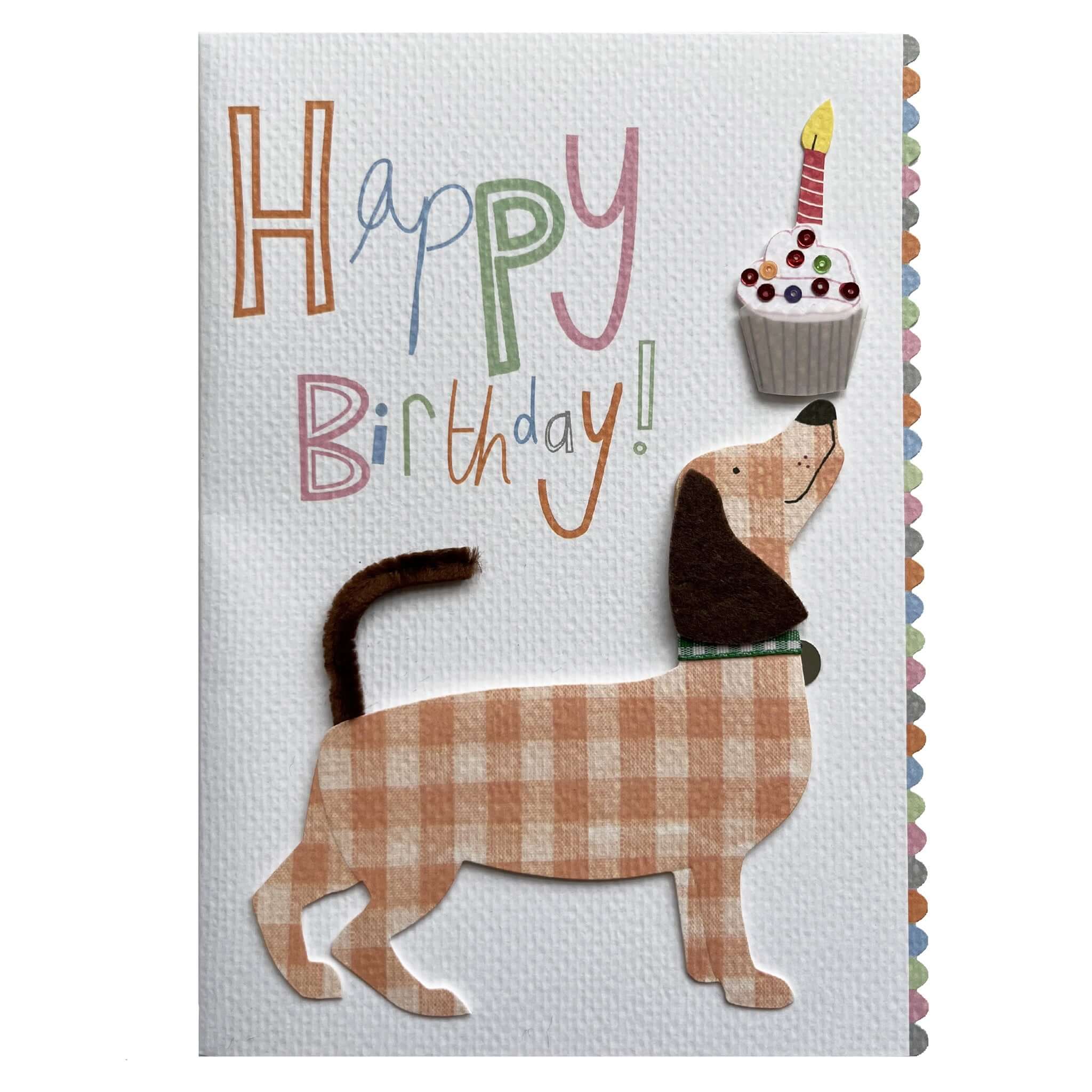 Alt Tag: Meri Meri Card - Gingham Dog with Cake birthday card with 3D gingham sausage dog, cupcake candle and Happy Birthday text