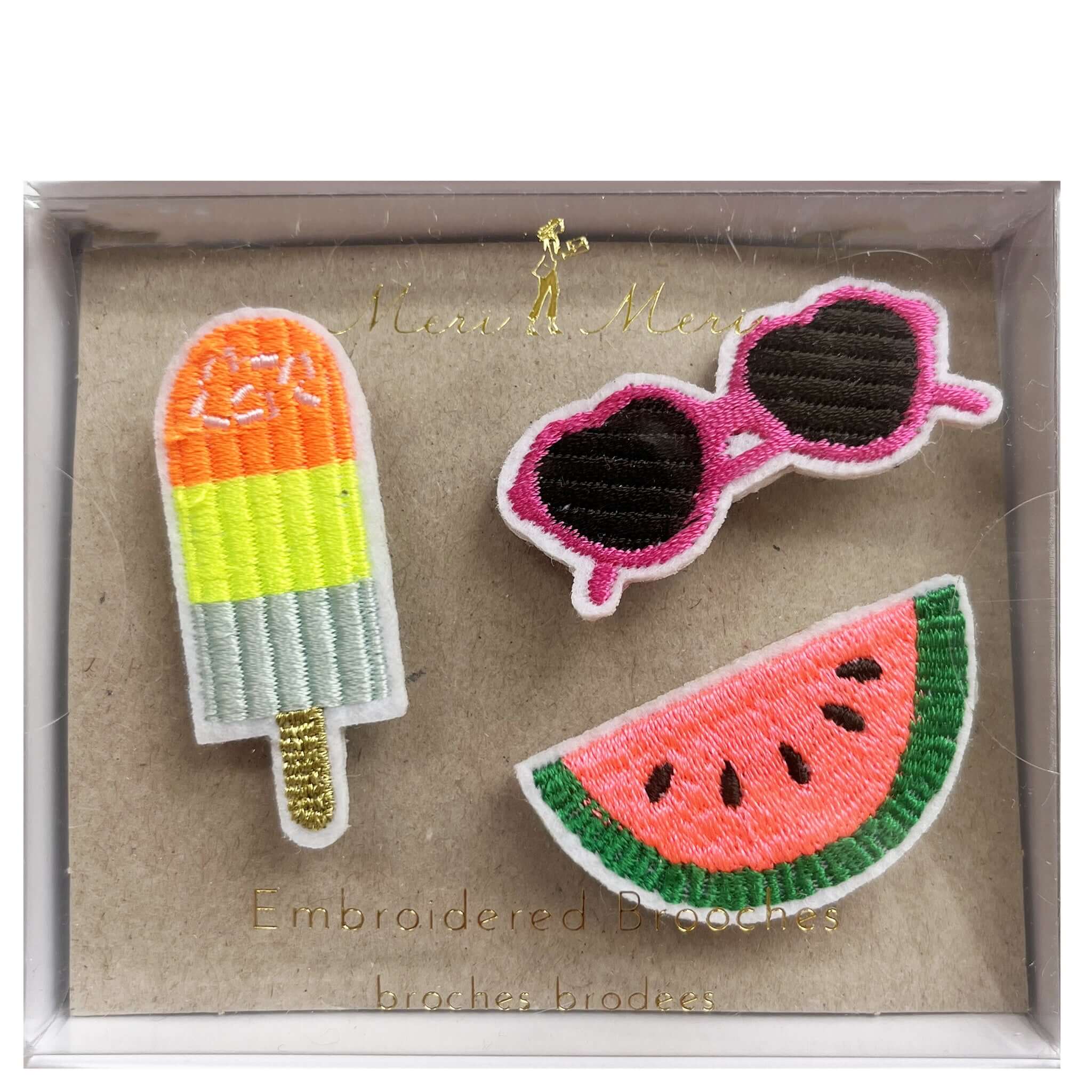Alt Tag: Meri Meri Embroidered Brooch Set - Summer Fun embroidered brooches with popsicle, sunglasses and watermelon patches