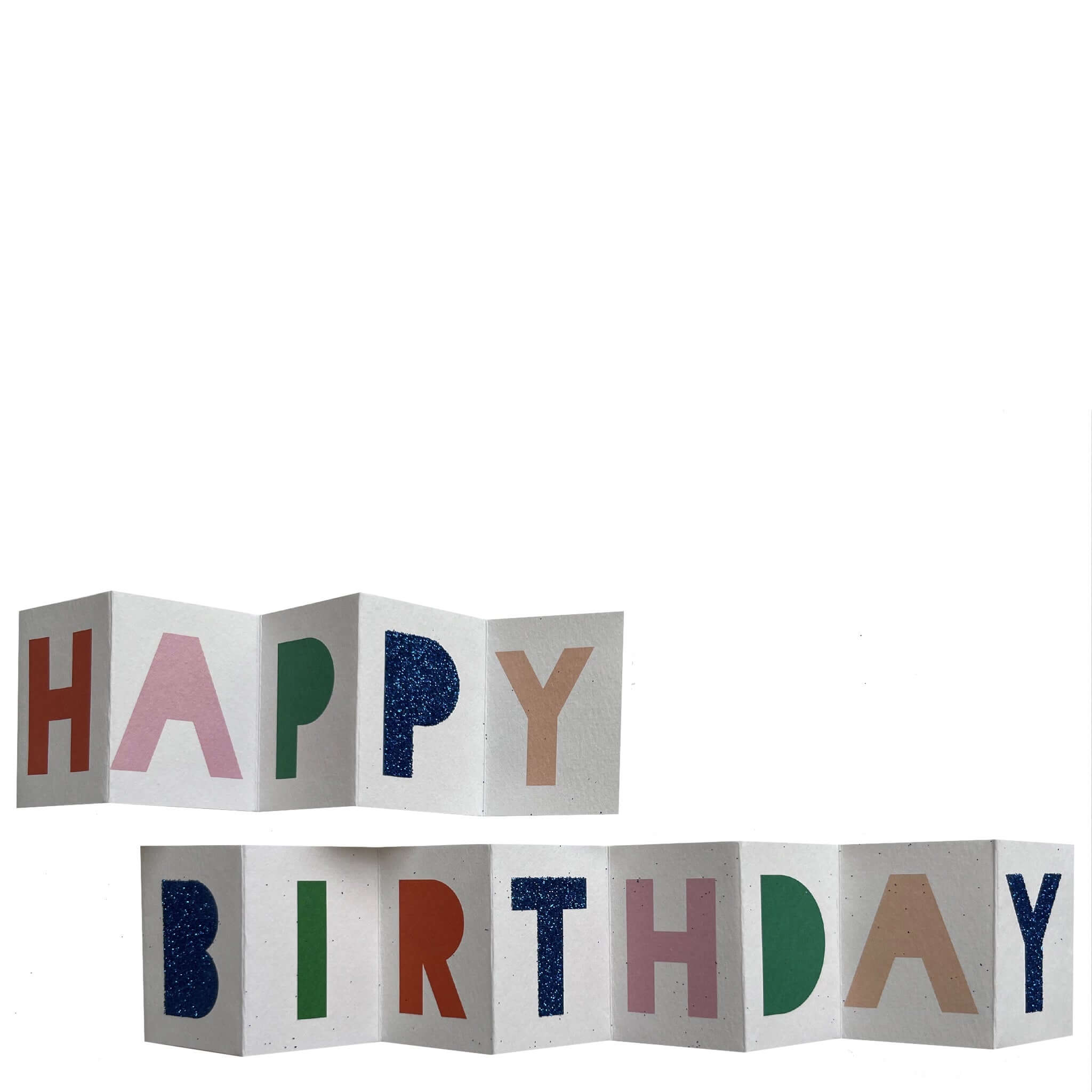 Alt Tag: Meri Meri Enclosure Card - Happy Birthday Banner with colorful fold-out banner, silver glitter & gold foil, striped envelope