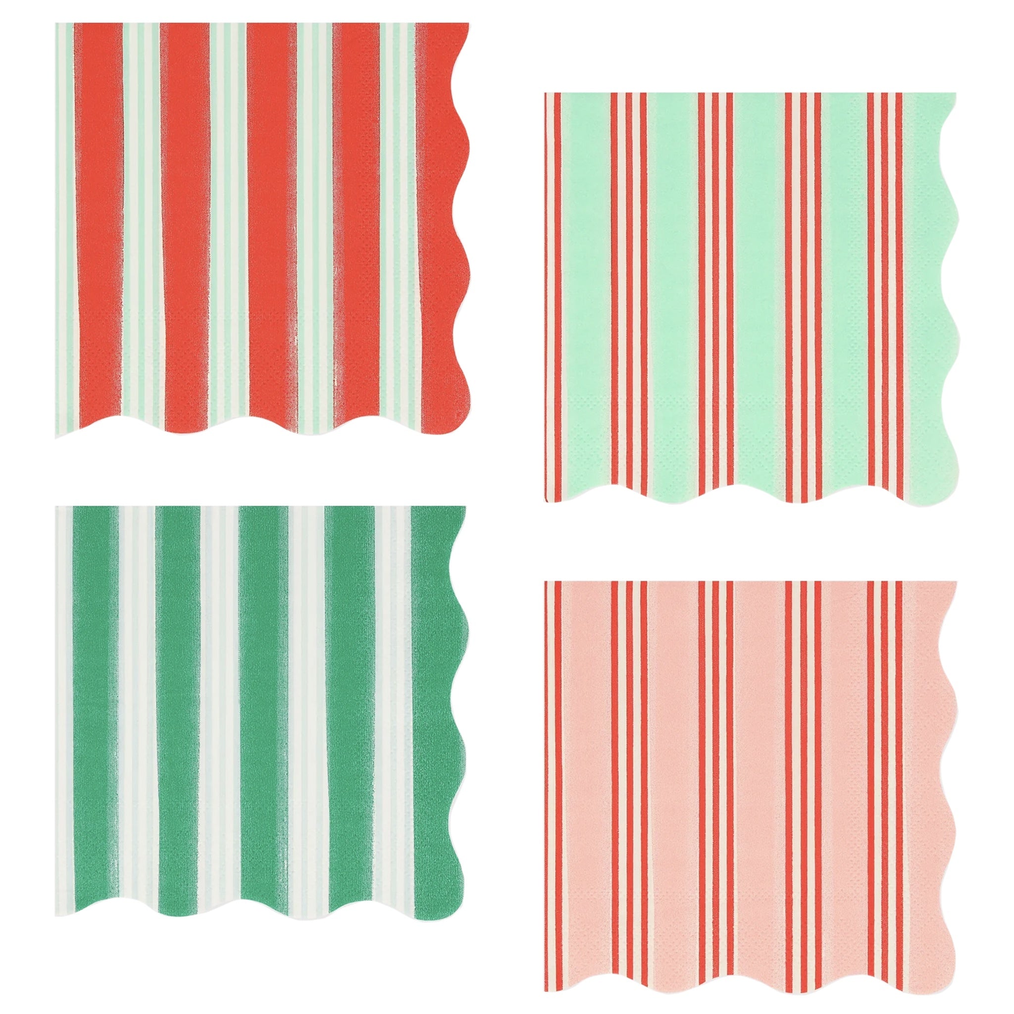 Four striped patterned paper napkins in red, green, and pink on a white background