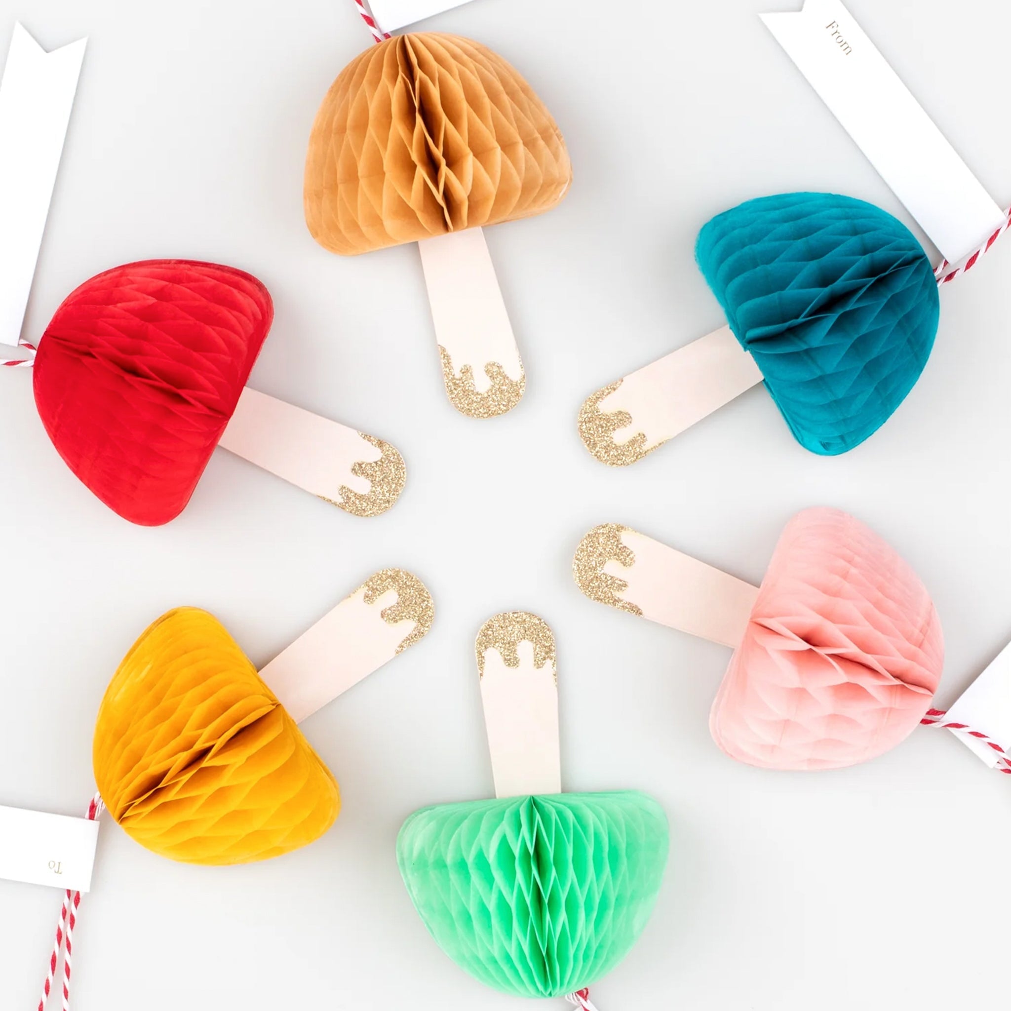 Meri Meri Decorations - Small Honeycomb Mushrooms with Gift Tags - Tea Pea Home