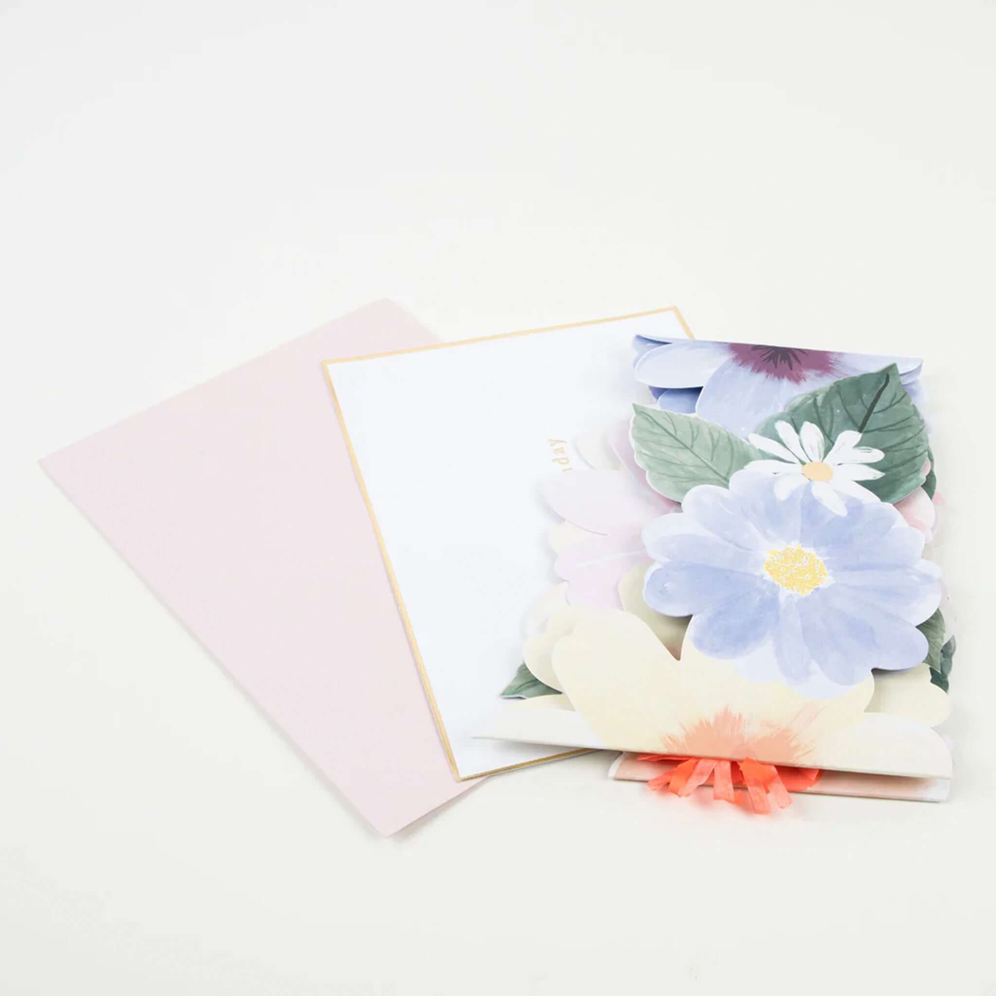 Alt Tag: Meri Meri Card - Floral Concertina Happy Birthday concertina floral birthday card with tissue centres, gold foil details and envelope