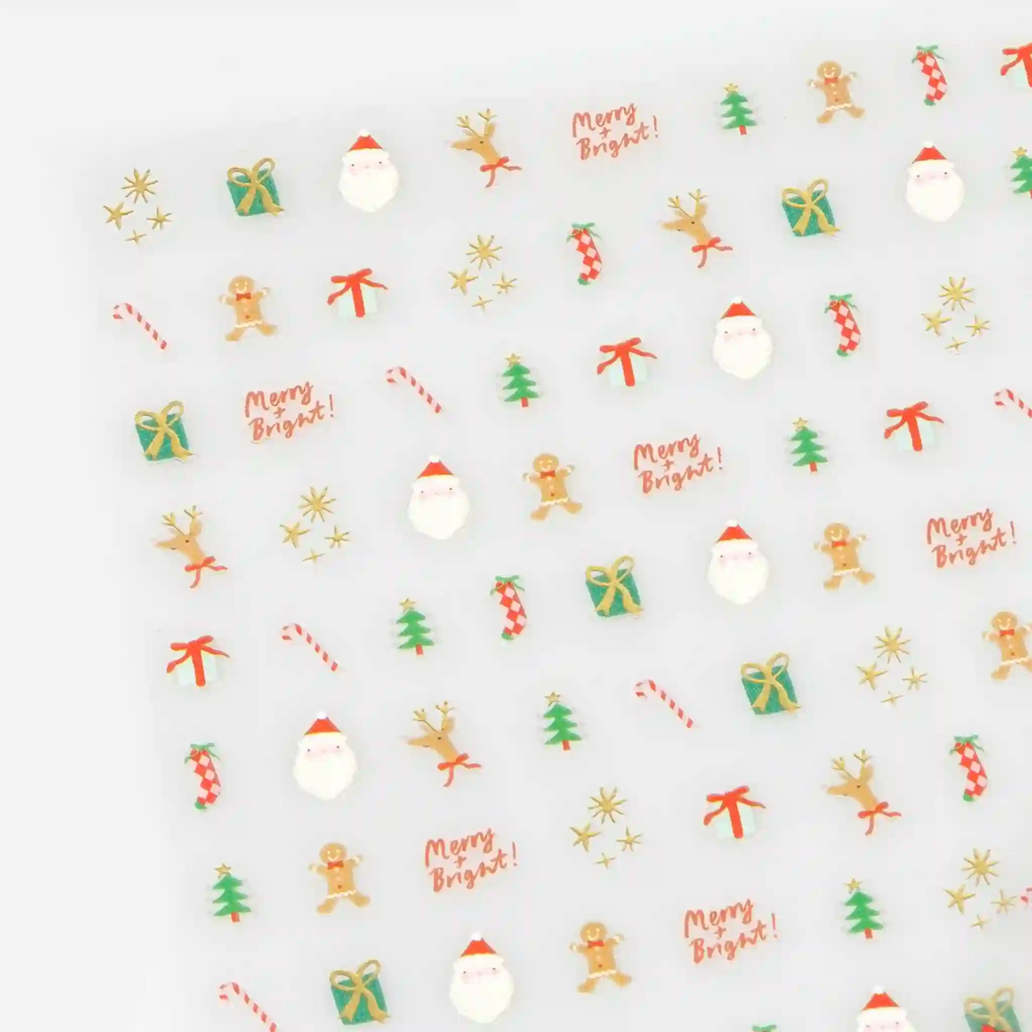 Christmas-themed stickers with Santa Claus, reindeer, and 'Merry Bright!' text on a white background.