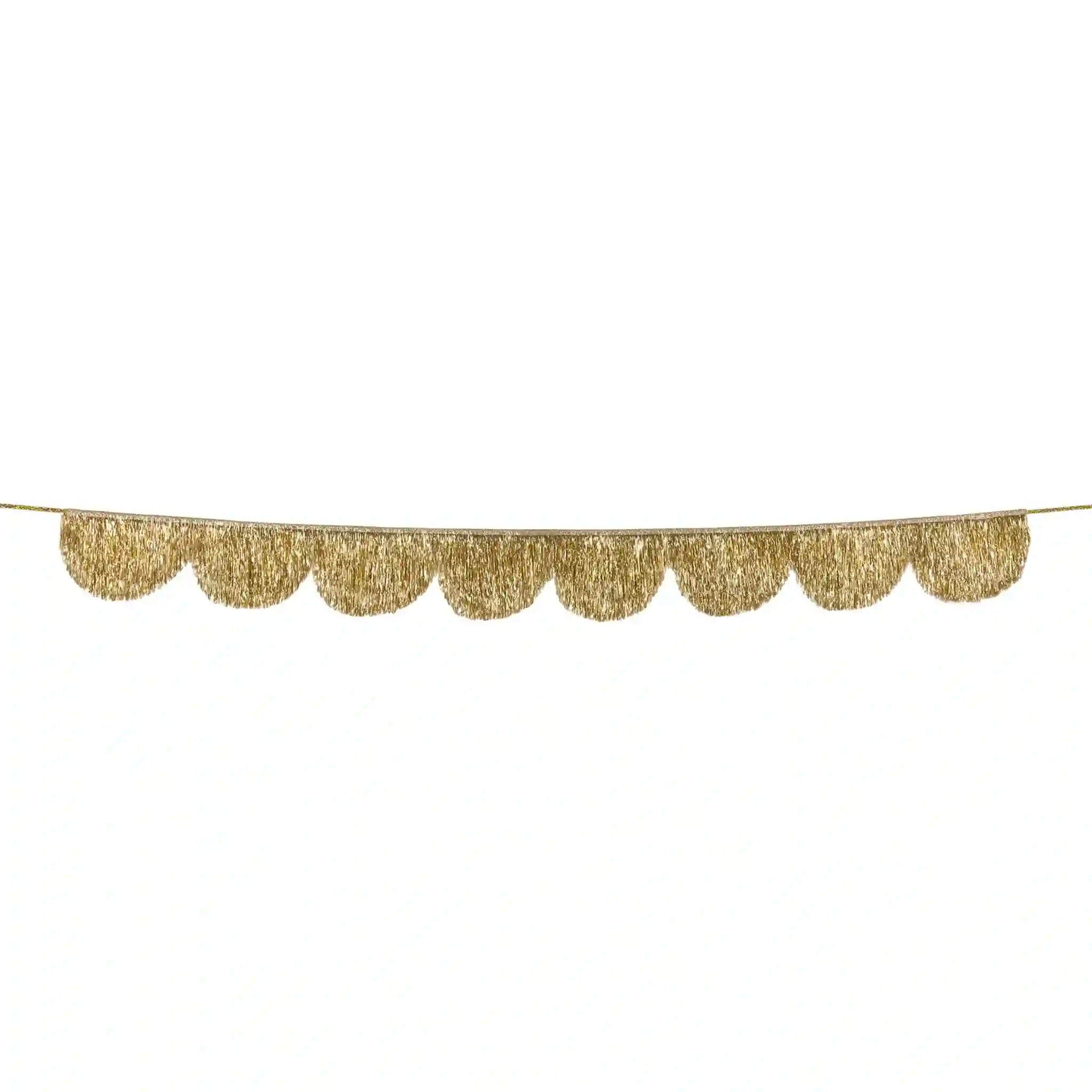 Gold decorative banner with scalloped edges on a white background