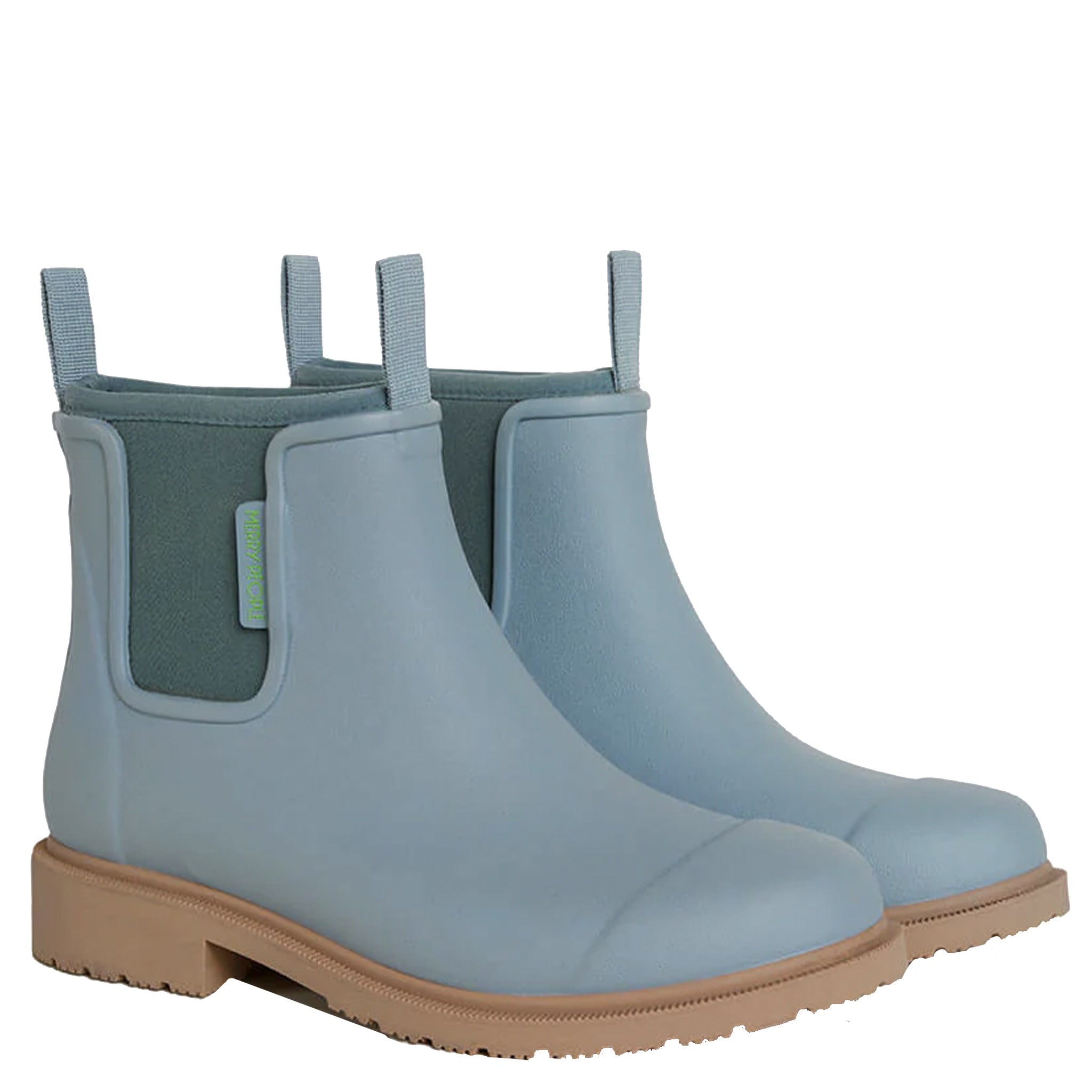 Pair of light blue rubber boots with brown soles on a white background