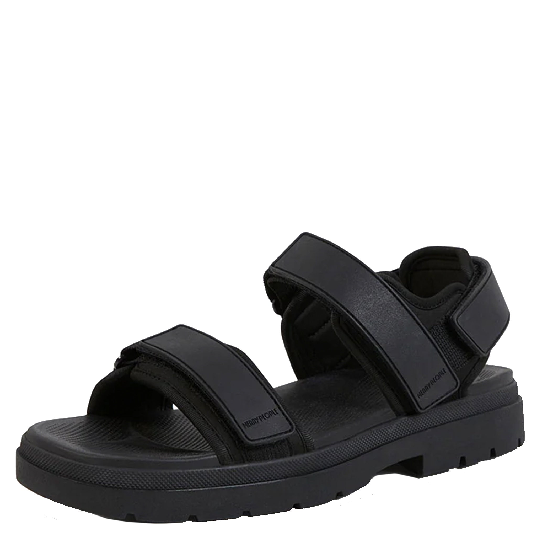 Black sandal with multiple straps on a white background