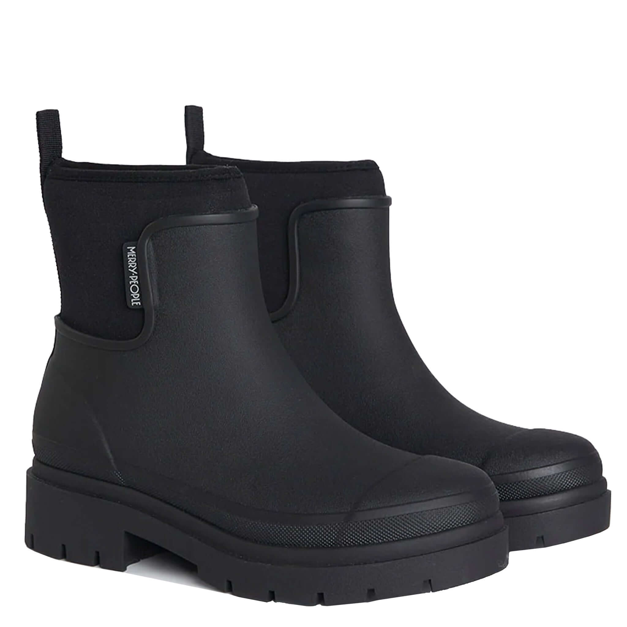 Alt Tag: Merry People Tully Boots - Black waterproof vegan rubber gumboots with chunky platform sole and neoprene cuff